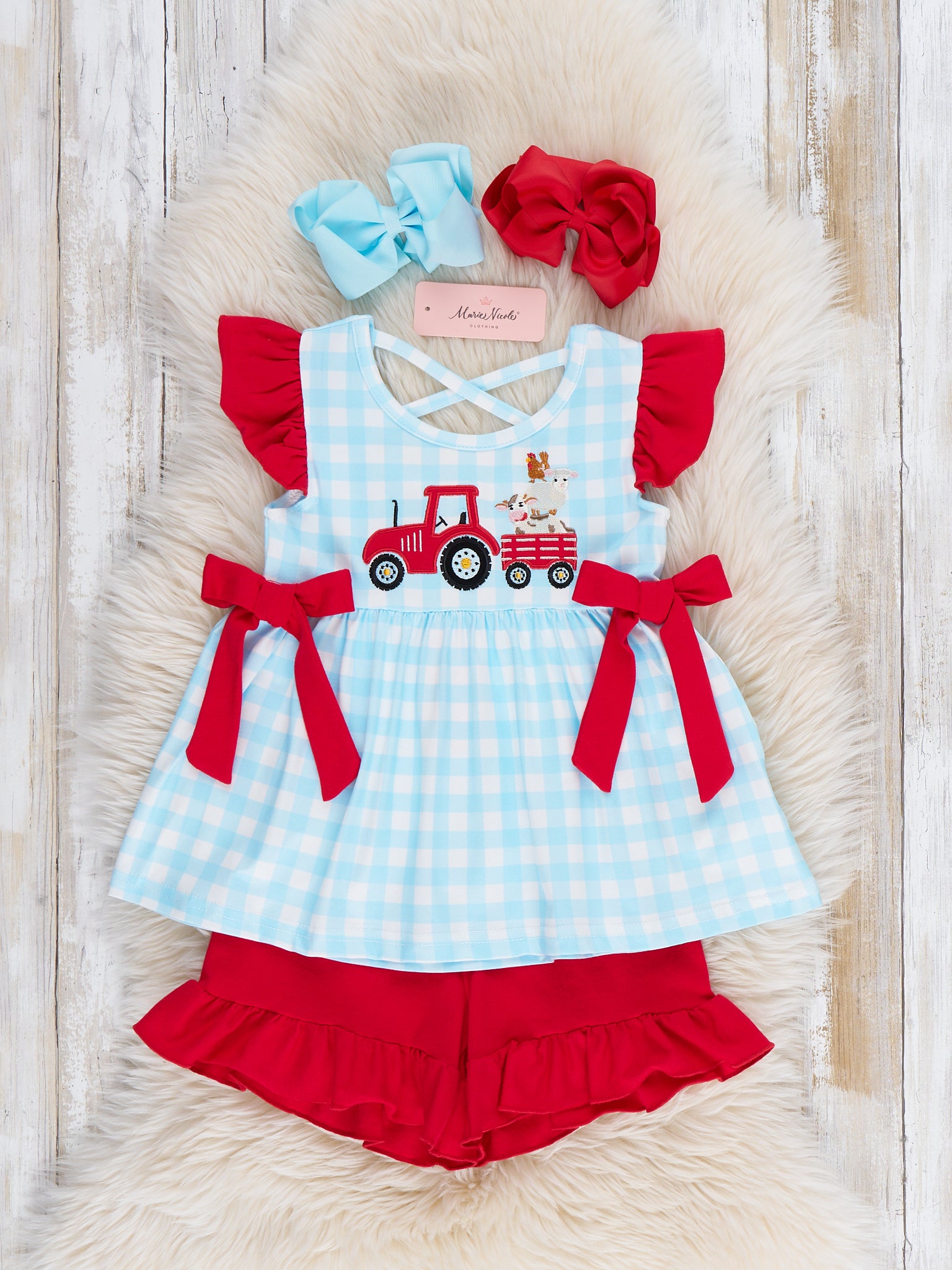 Little Tractor Helper Embroidered Plaid Ruffle Outfit - Marie Nicole Clothing