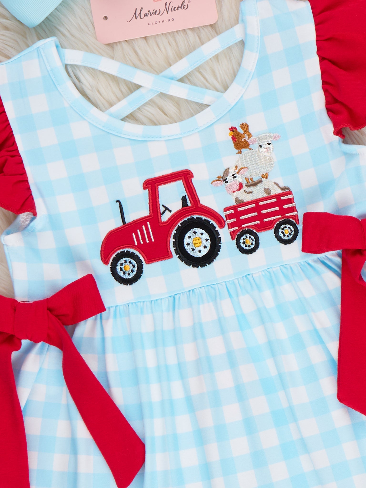 Little Tractor Helper Embroidered Plaid Ruffle Outfit - Marie Nicole Clothing