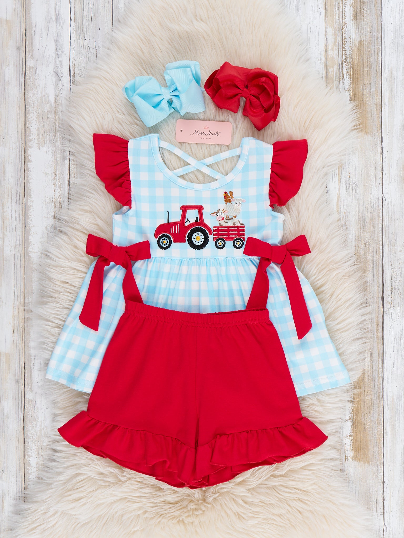 Little Tractor Helper Embroidered Plaid Ruffle Outfit - Marie Nicole Clothing