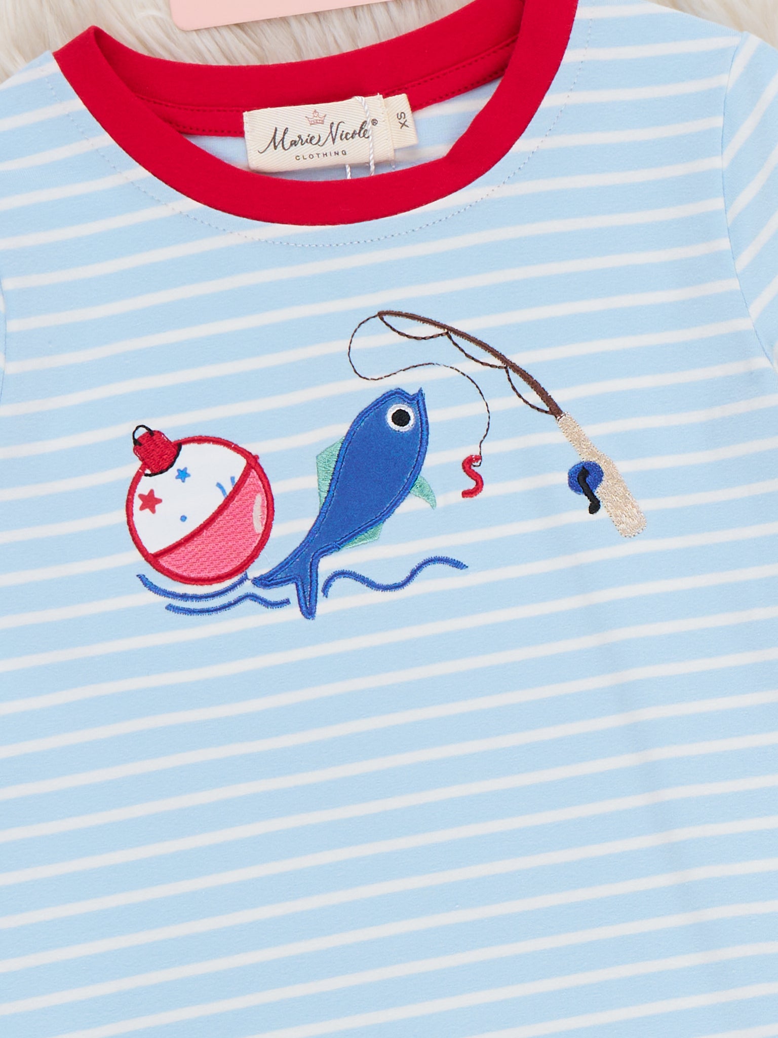 Fishing Fun Embroidered Striped Cotton Shirt - Marie Nicole Clothing