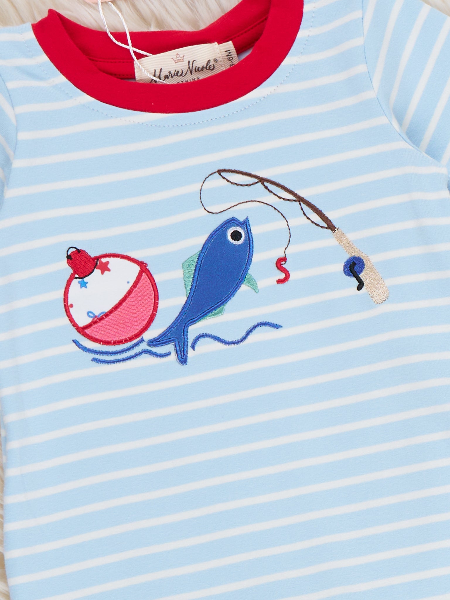 Fishing Fun Embroidered Striped Cotton Romper - Marie Nicole Clothing
