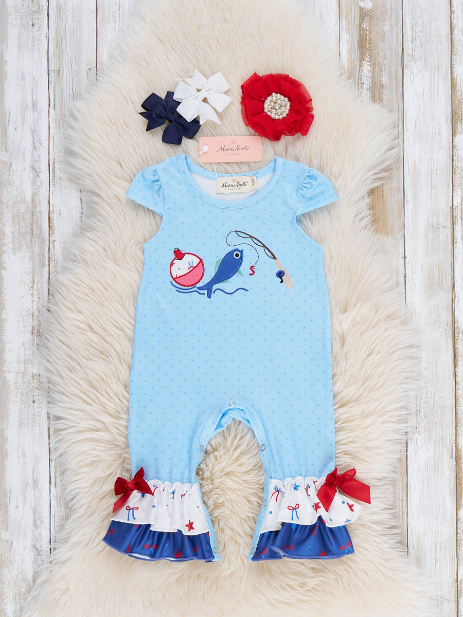 Fishling Ruffle Fishing Fun Embroidered Ruffle Romper - Marie Nicole Clothing