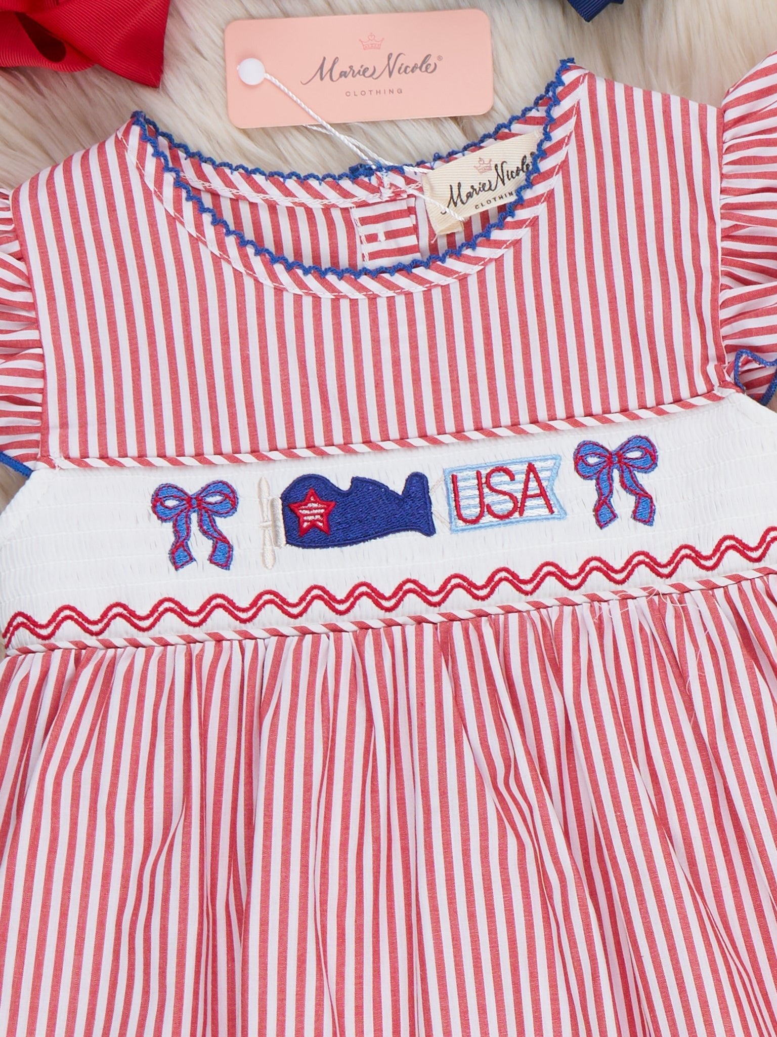 Freedom Flight Smocked Striped 100% Cotton Dress - Marie Nicole Clothing