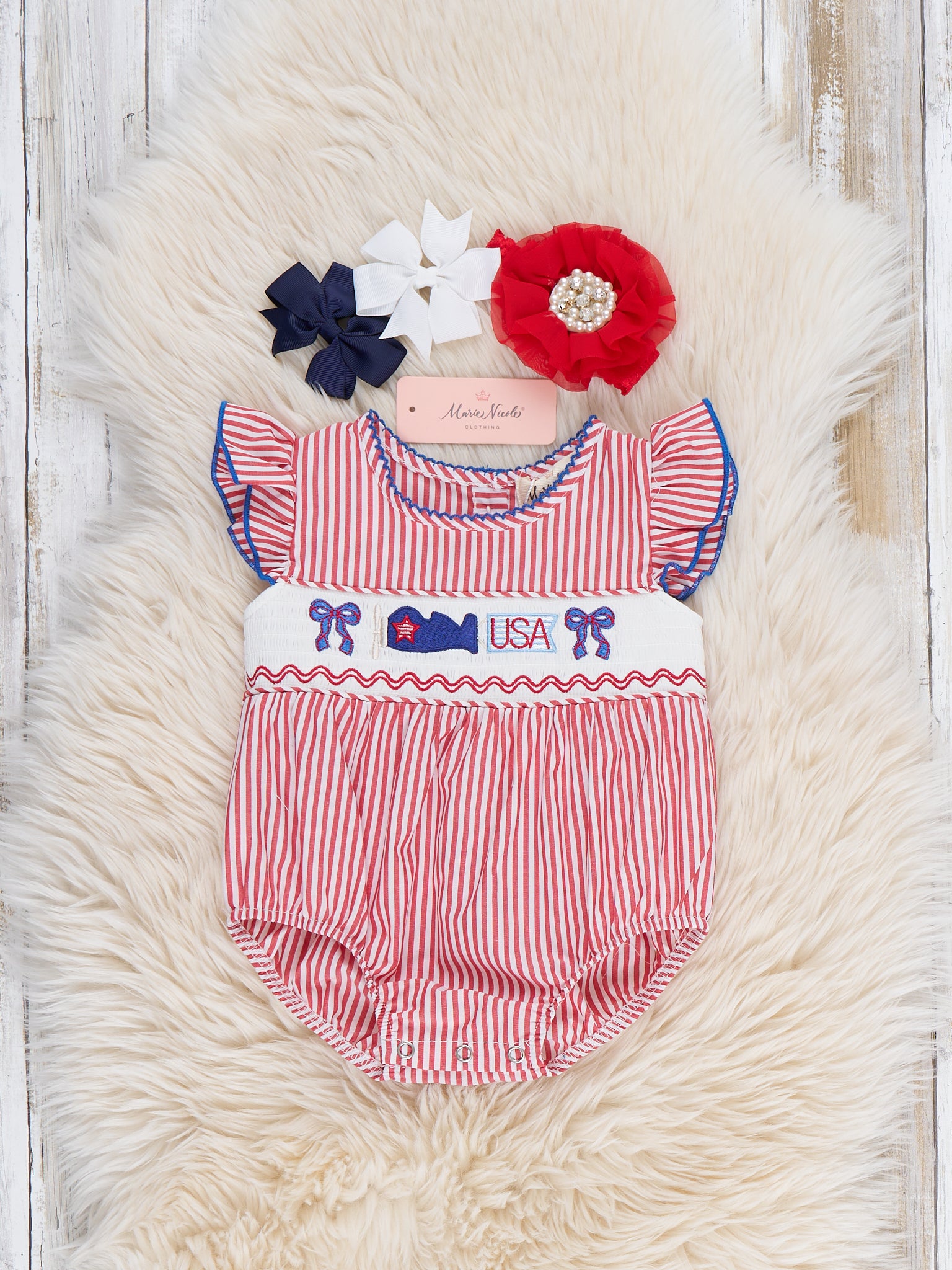 Freedom Flight Smocked Striped 100% Cotton Bubble Romper - Marie Nicole Clothing