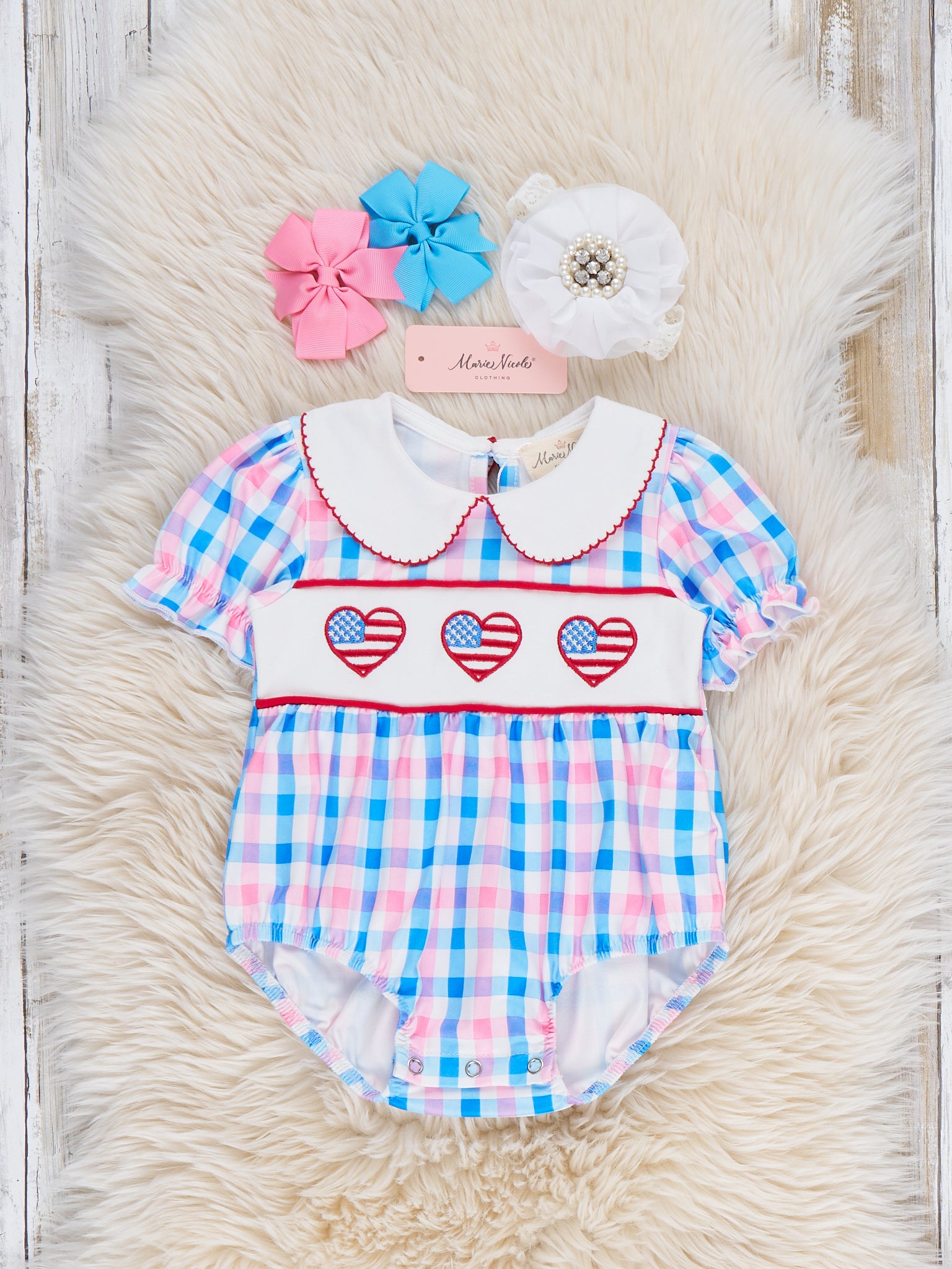 USA Heart Embroidered Plaid Bubble Romper - Marie Nicole Clothing
