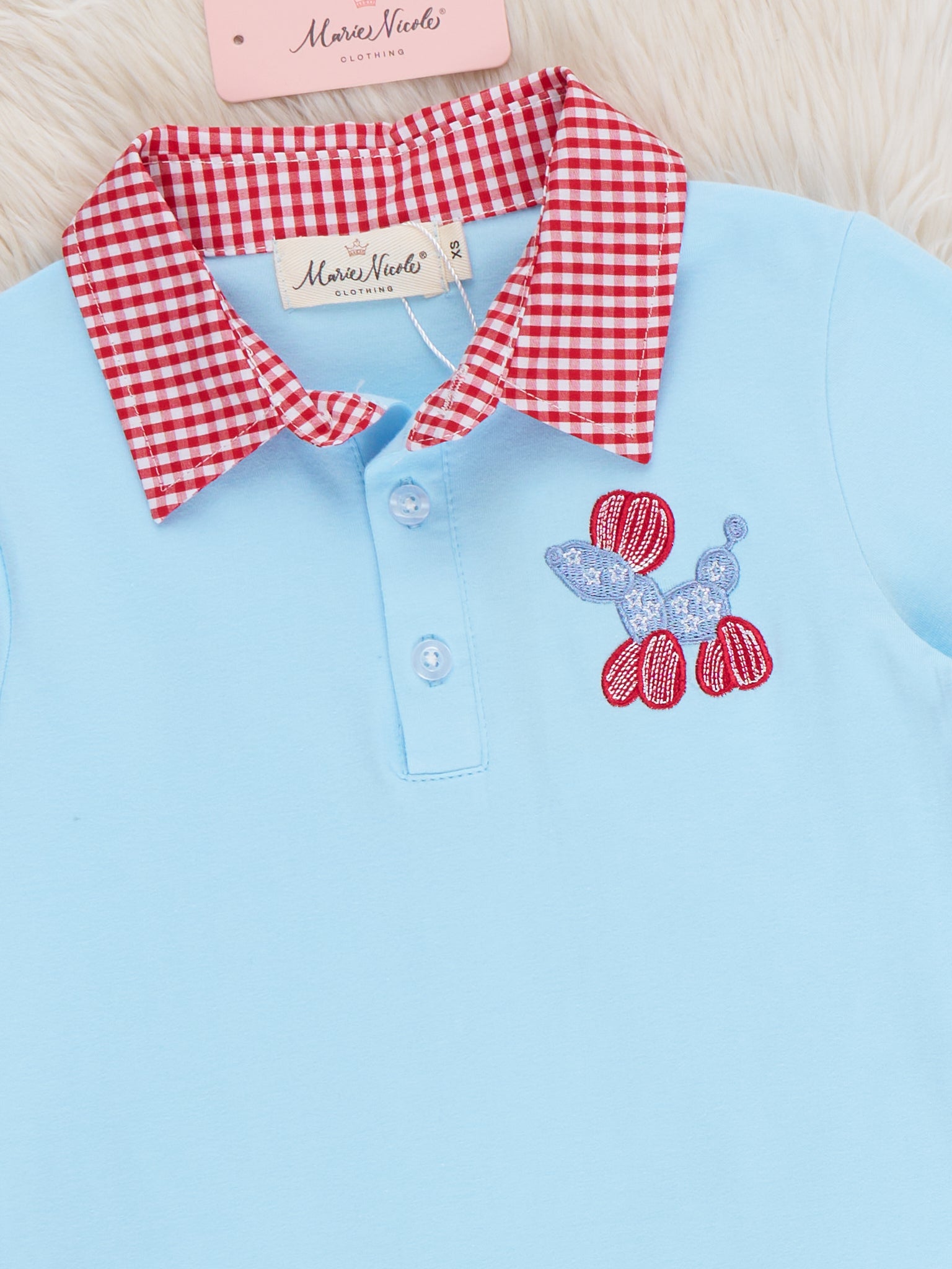 Balloon Pup Gingham Embroidered Cotton Polo Shirt - Marie Nicole Clothing