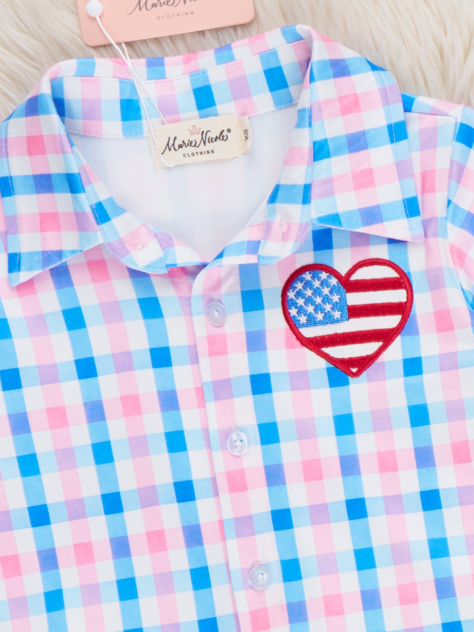 USA Heart Embroidered Plaid Outfit - Marie Nicole Clothing