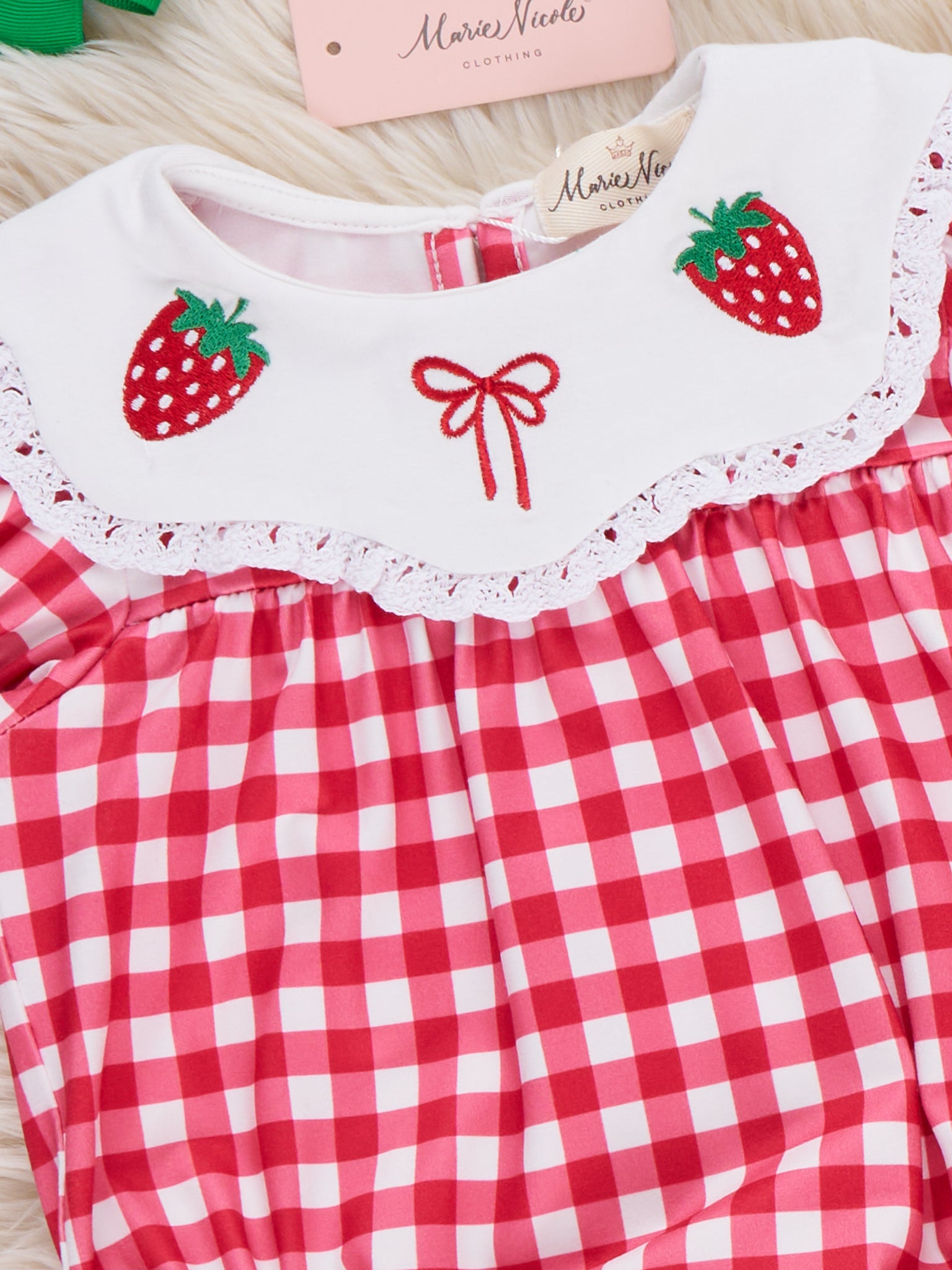 Gingham Berry Charm Embroidered Bubble Romper - Marie Nicole Clothing