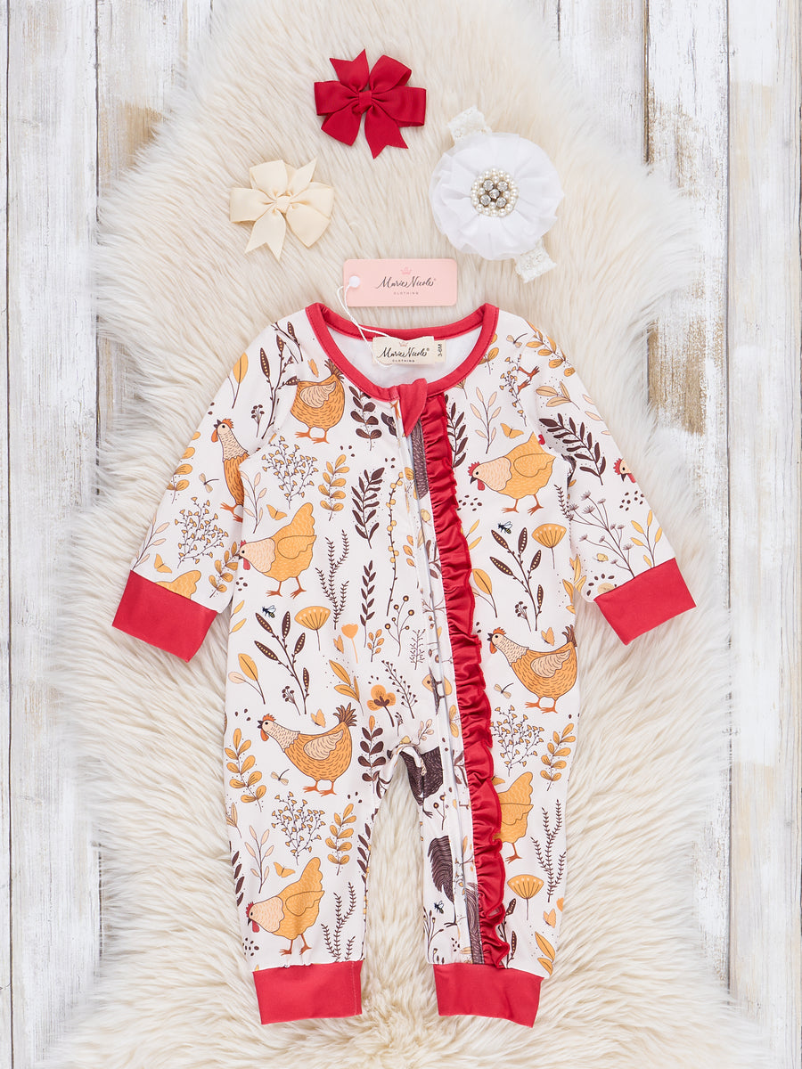 Red Hen Party Ruffle Sleeper Pajamas – Marie Nicole Clothing