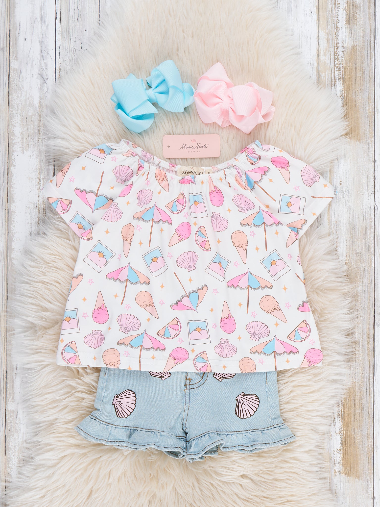 Sweet Treat Beach Embroidered Ruffle Denim Outfit - Marie Nicole Clothing