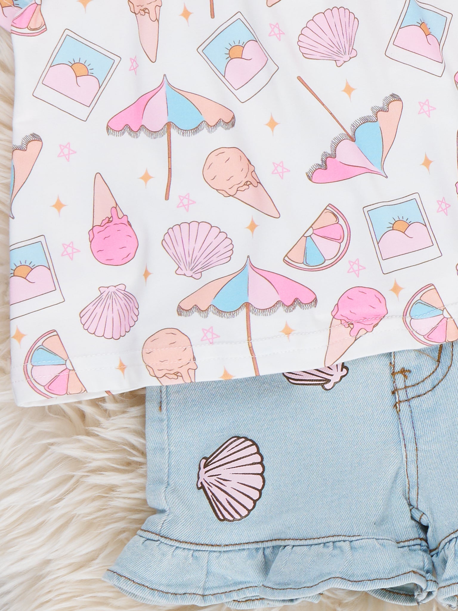Sweet Treat Beach Embroidered Ruffle Denim Outfit - Marie Nicole Clothing
