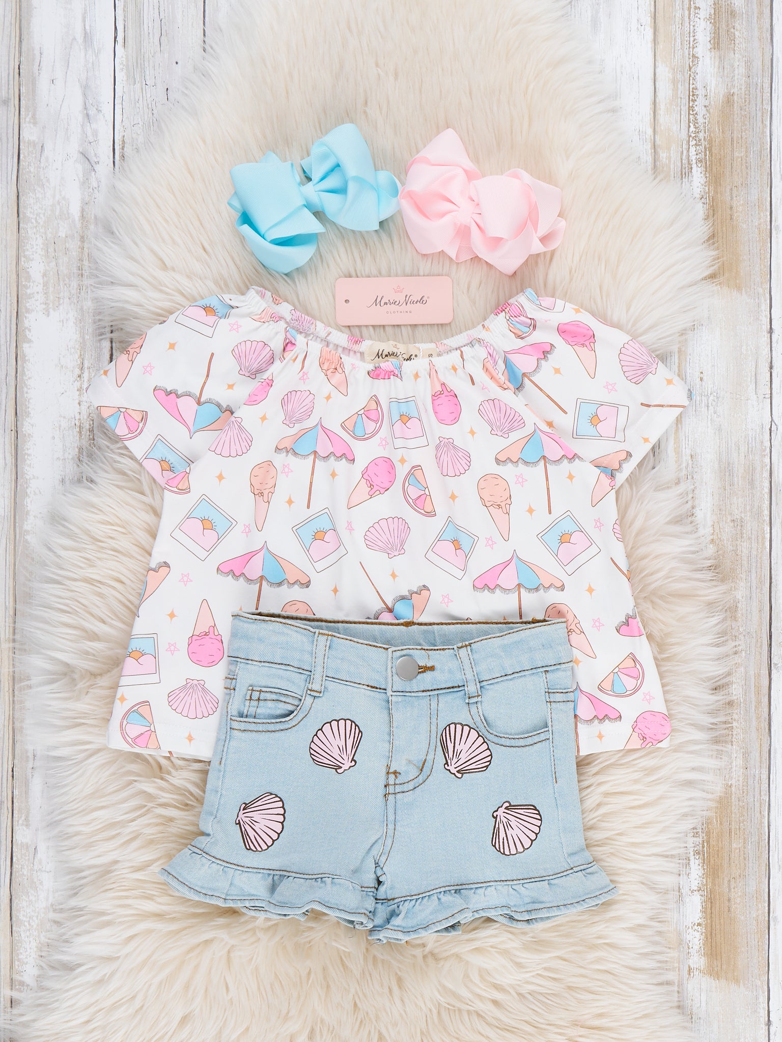 Sweet Treat Beach Embroidered Ruffle Denim Outfit - Marie Nicole Clothing