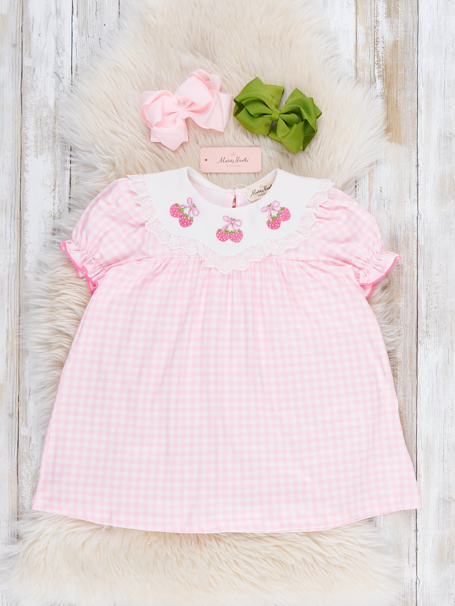 Sweet Strawberries Embroidered Gingham Dress - Marie Nicole Clothing