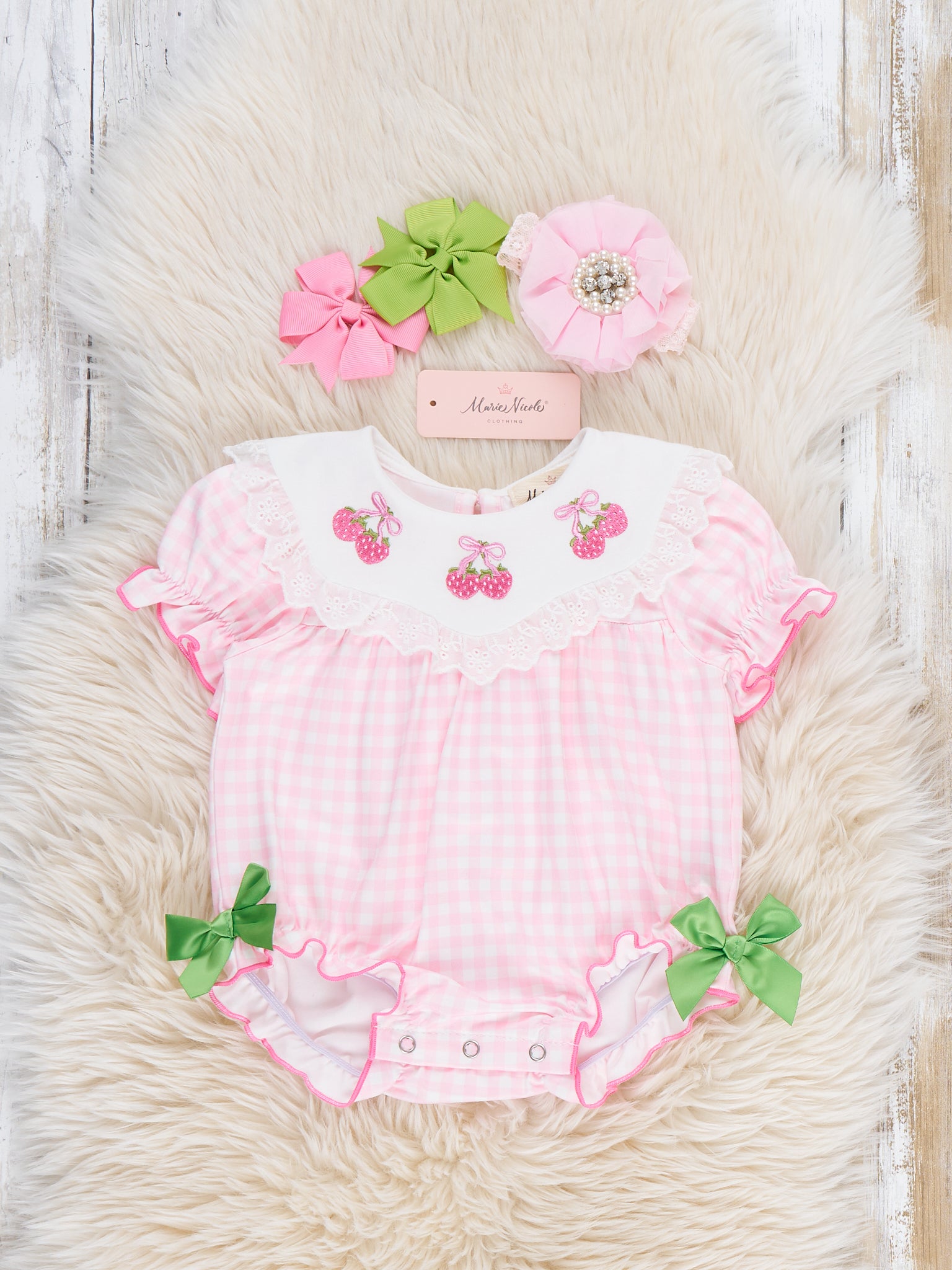 Sweet Strawberries Embroidered Bubble Romper - Marie Nicole Clothing