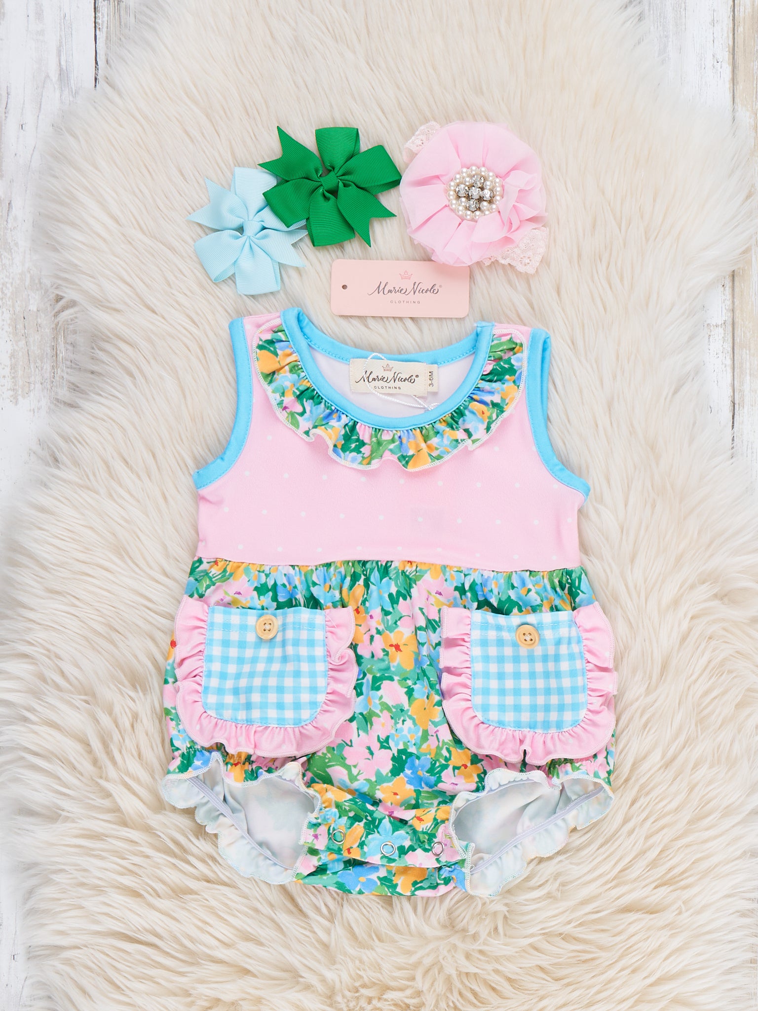 Little Blossoms Floral Pockets Bubble Romper - Marie Nicole Clothing