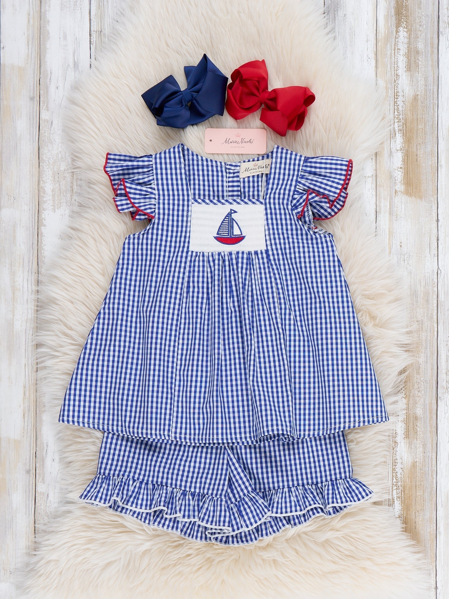 Sailboat Gingham Smocked Ruffle Outfit - Marie Nicole Clothing
