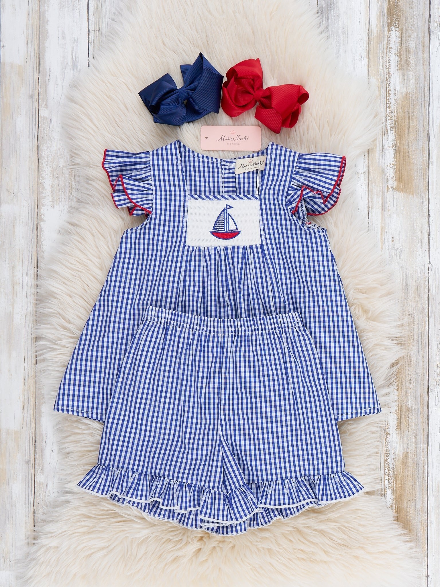 Sailboat Gingham Smocked Ruffle Outfit - Marie Nicole Clothing