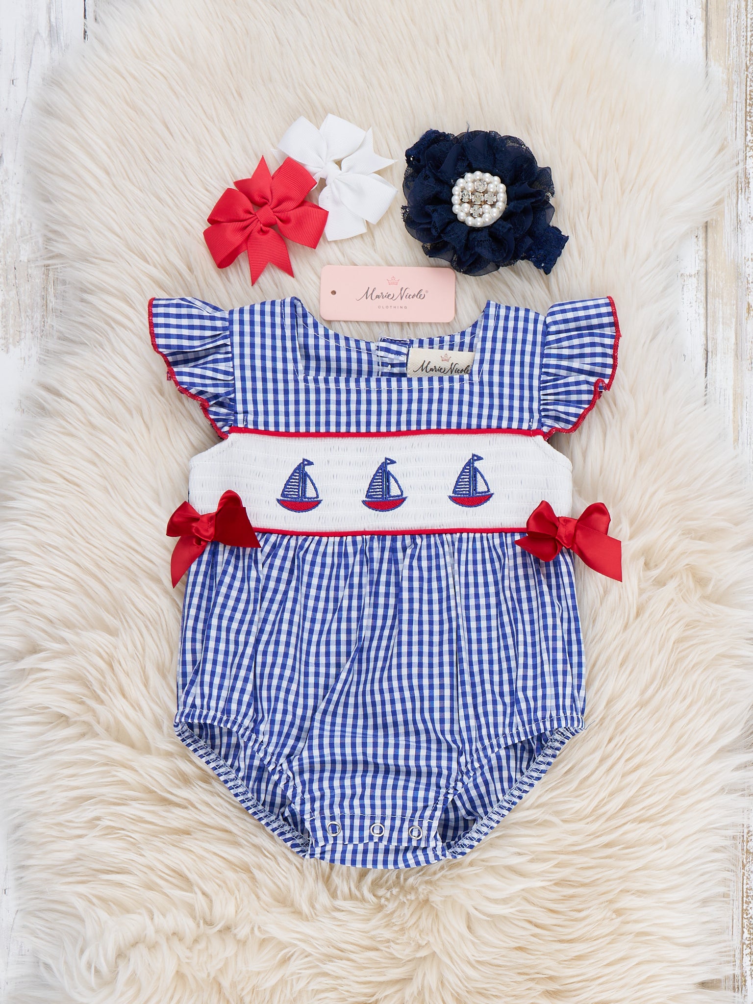 Sailboat Gingham Smocked Bubble Romper - Marie Nicole Clothing
