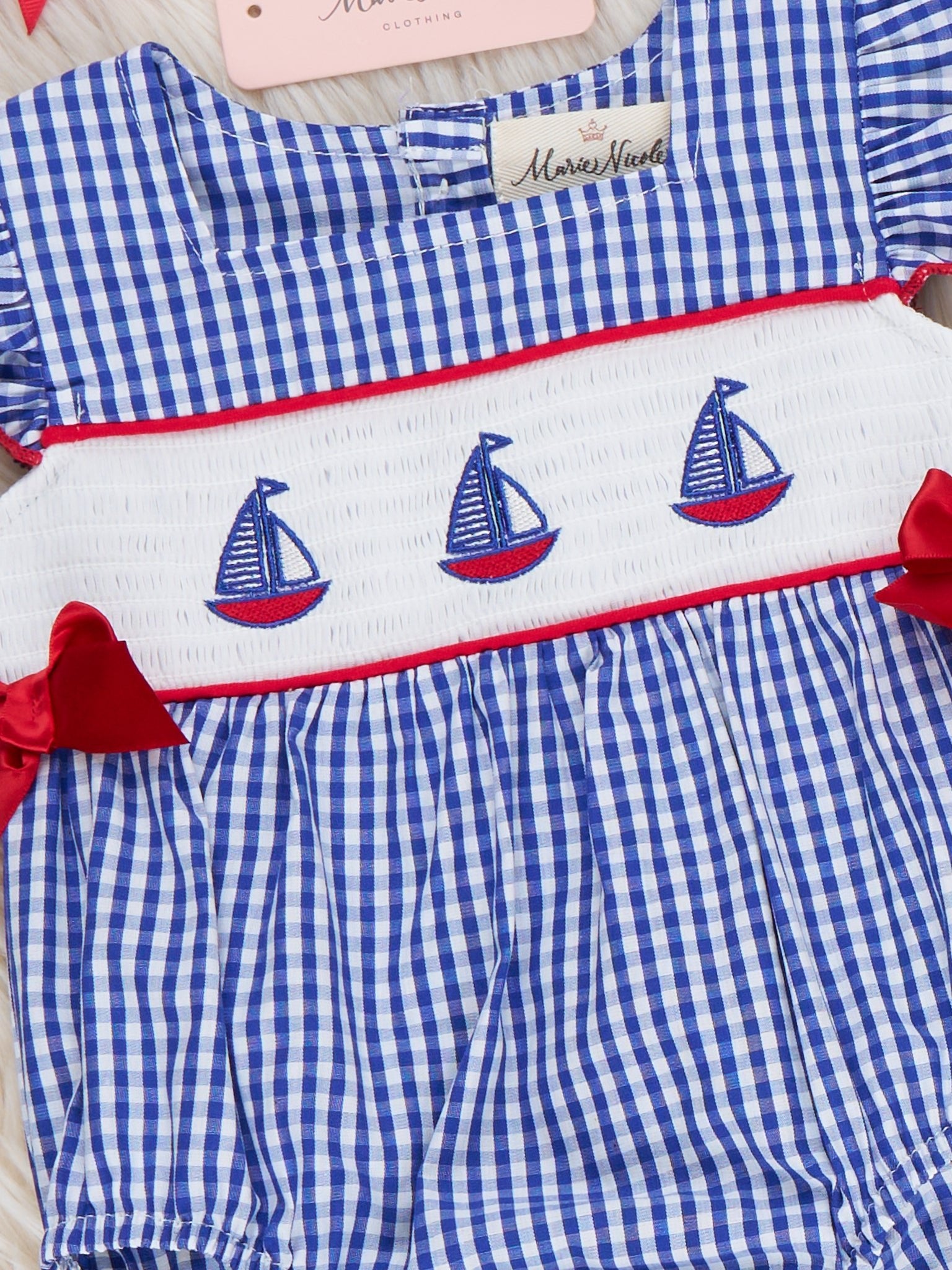 Sailboat Gingham Smocked Bubble Romper - Marie Nicole Clothing
