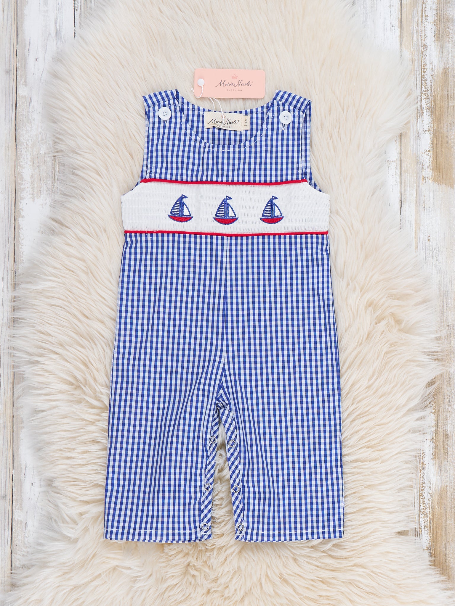 Sailboat Gingham Smocked Johnny - Marie Nicole Clothing