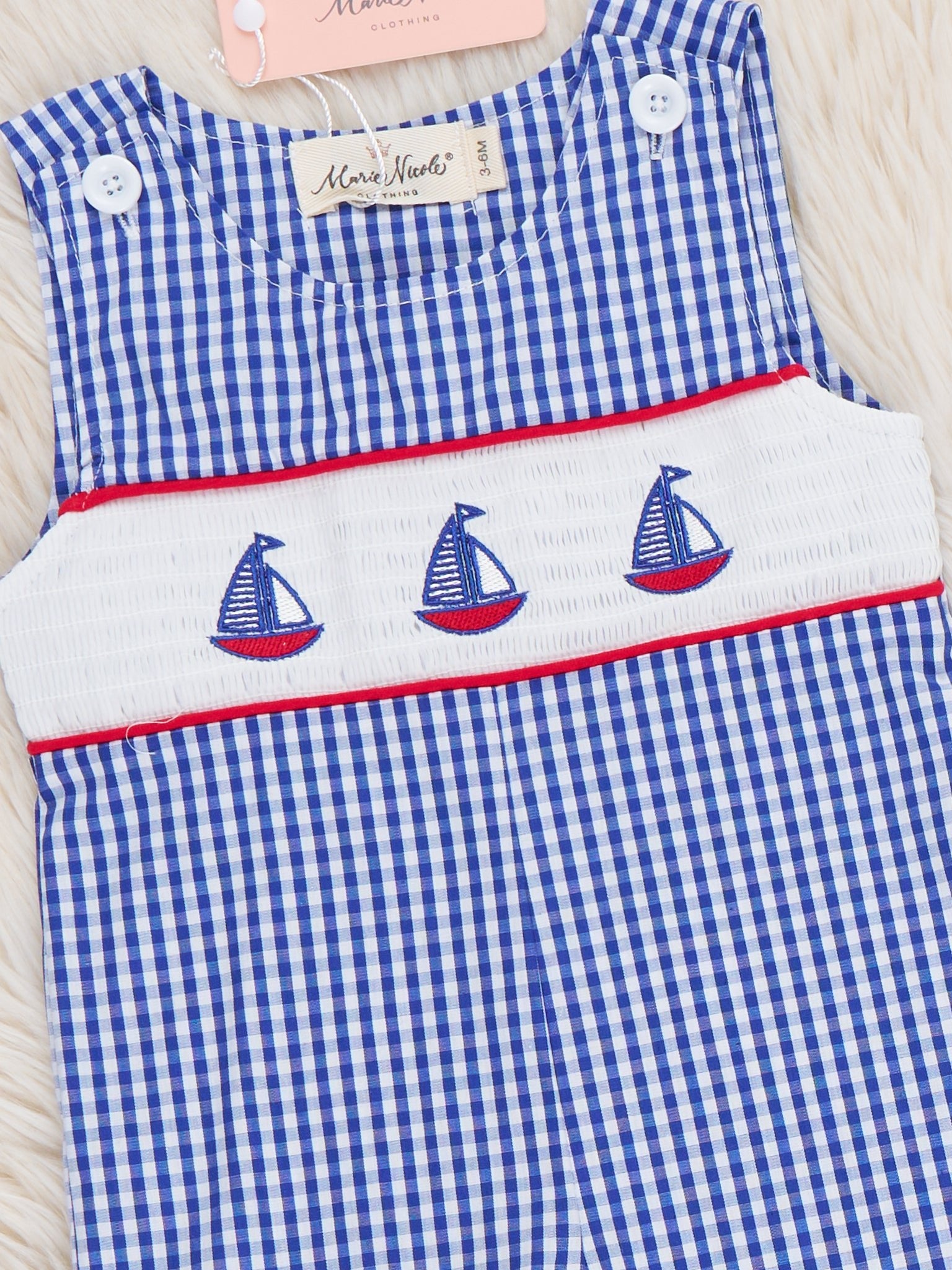 Sailboat Gingham Smocked Johnny - Marie Nicole Clothing