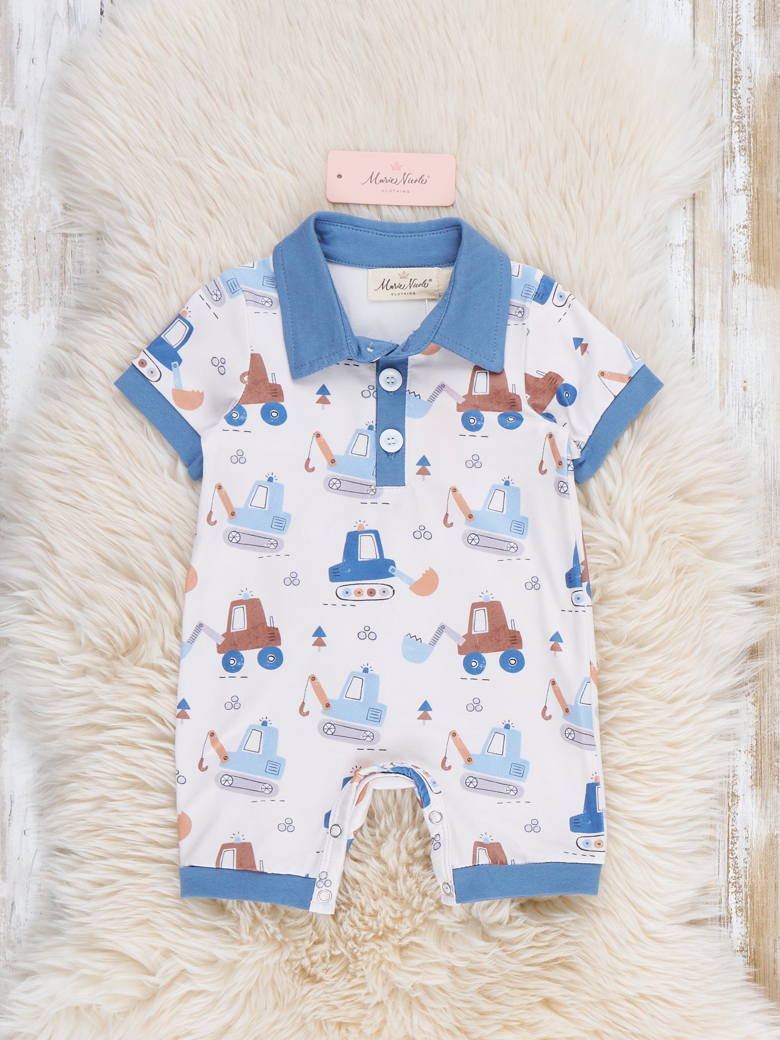 Busy Excavators Polo Romper - Marie Nicole Clothing