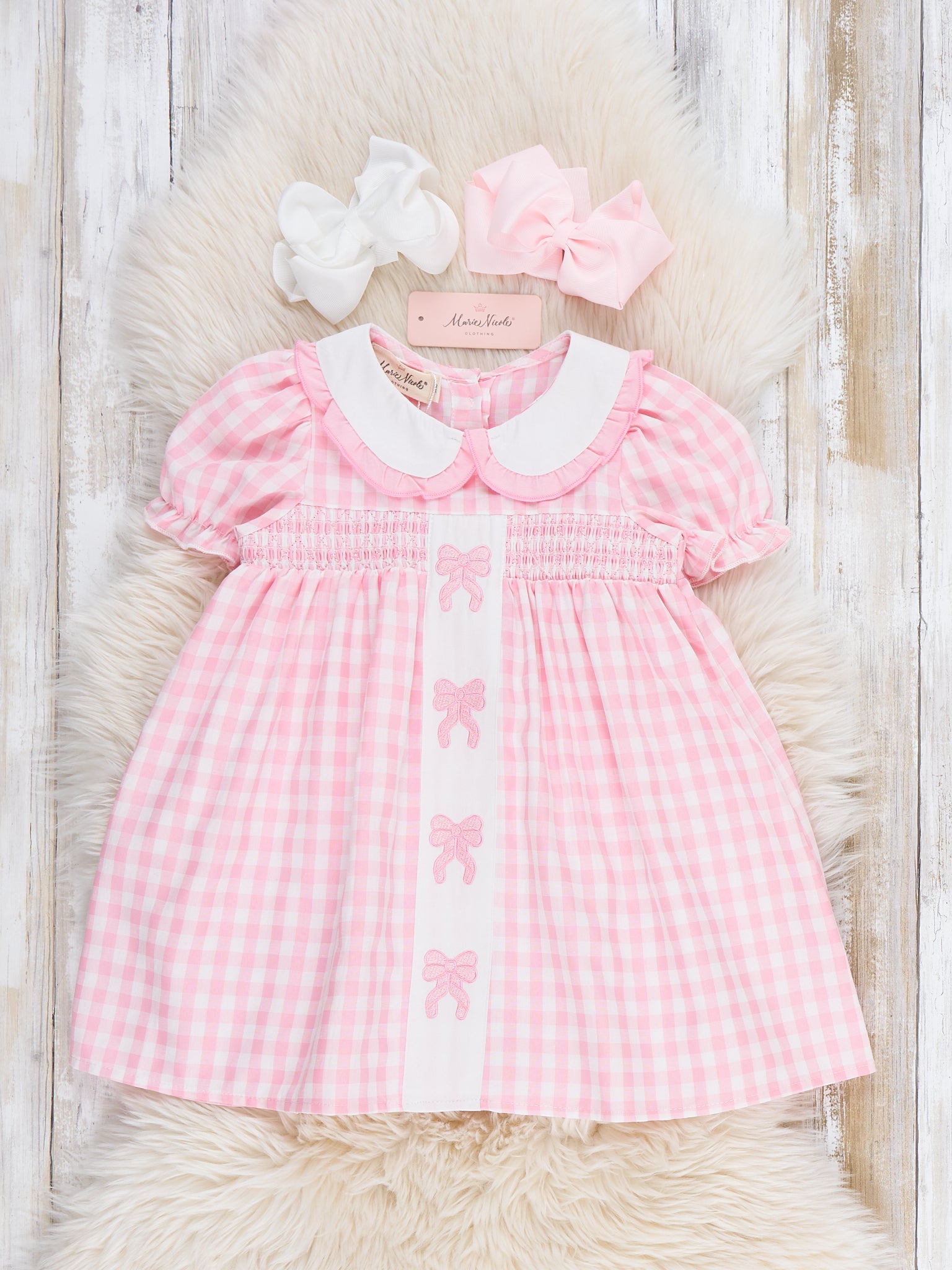 Pretty Bows Gingham Embroidered Dress - Marie Nicole Clothing