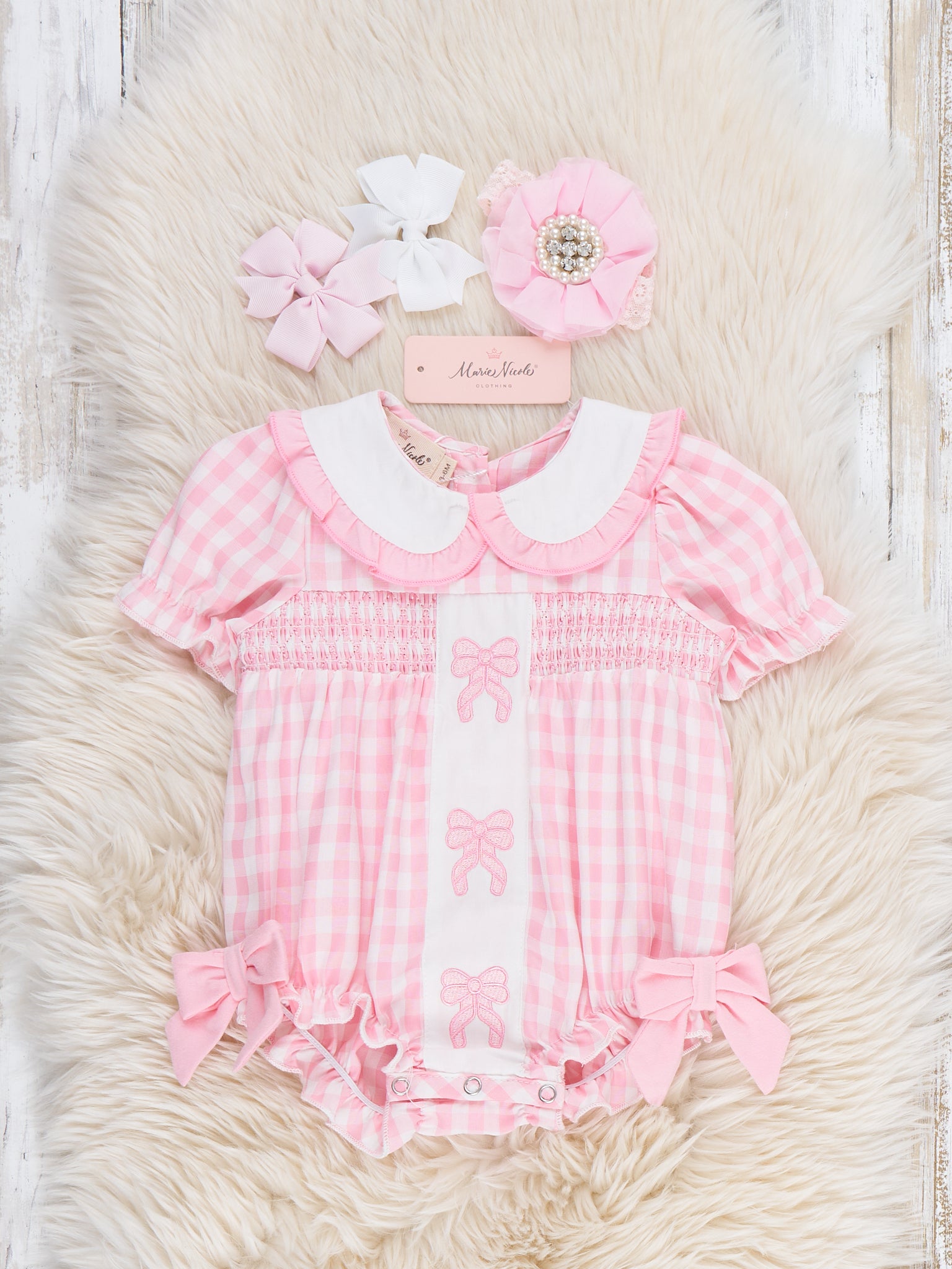 Pretty Bows Gingham Embroidered Romper - Marie Nicole Clothing