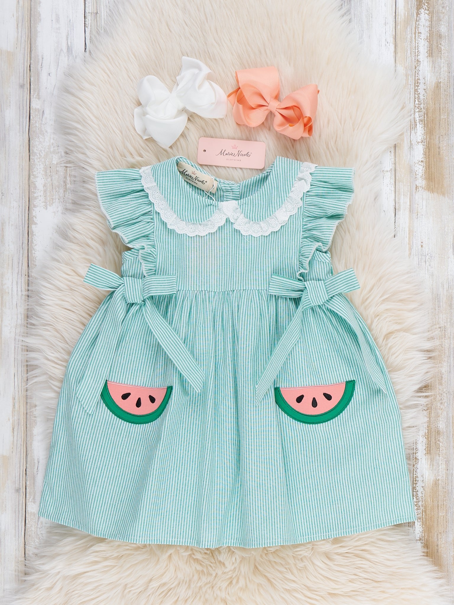 Watermelon Sweetie Ruffle Embroidered 100% Cotton Dress - Marie Nicole Clothing