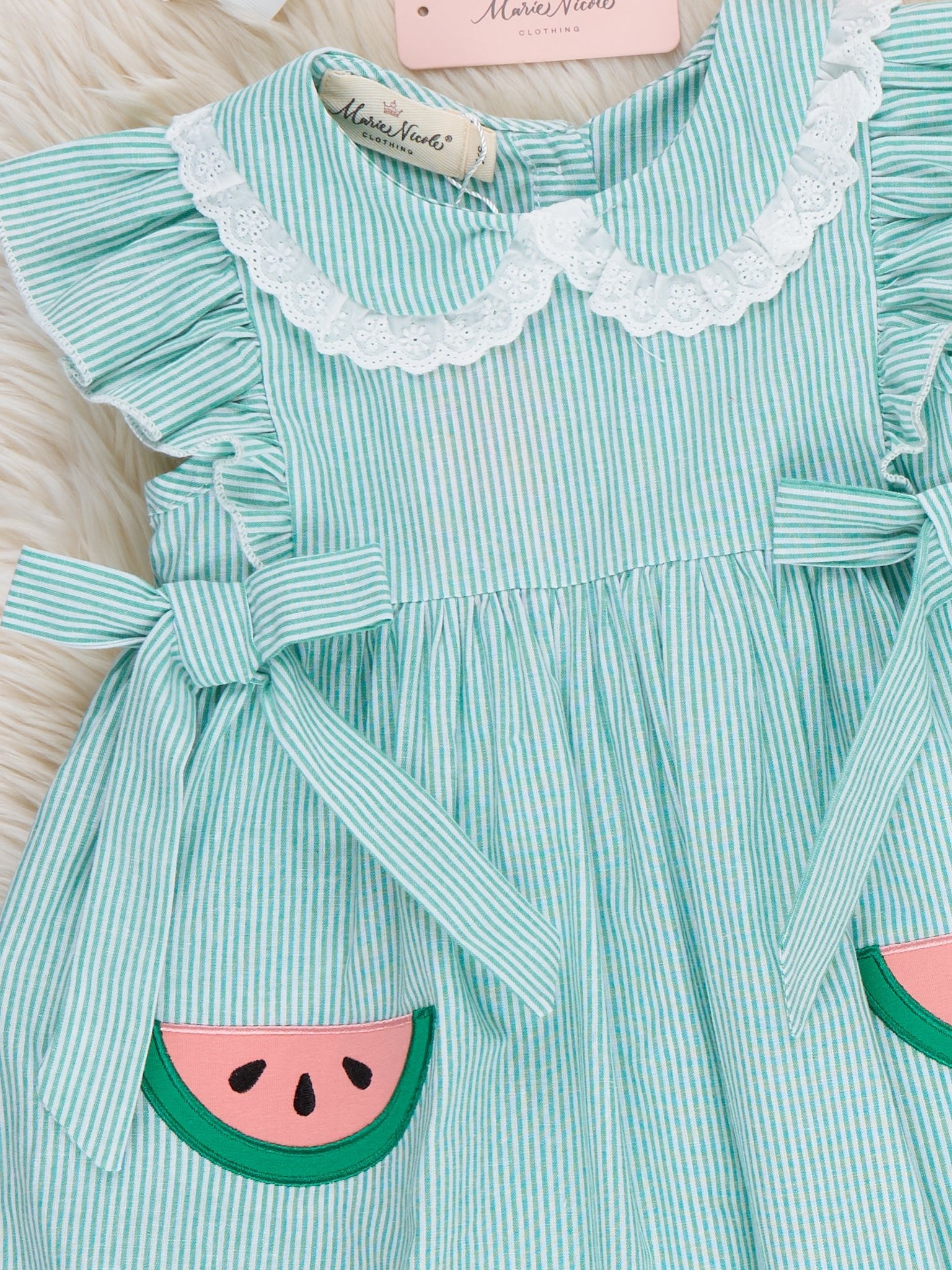 Watermelon Sweetie Ruffle Embroidered 100% Cotton Dress - Marie Nicole Clothing