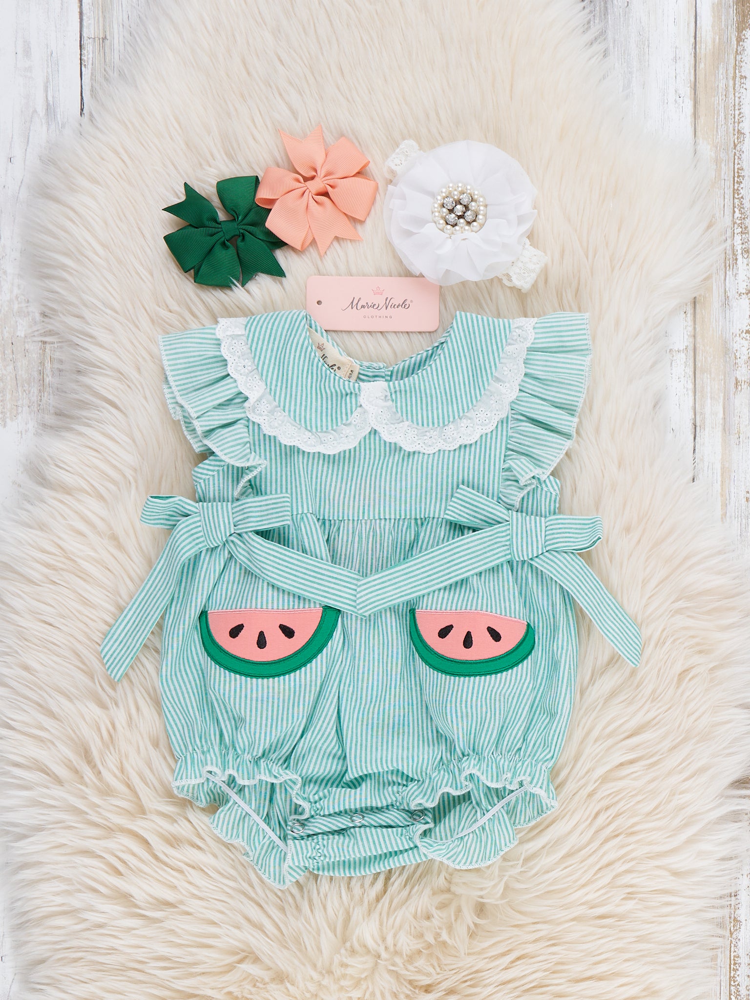 Watermelon Sweetie Ruffle Embroidered 100% Cotton Bubble Romper - Marie Nicole Clothing
