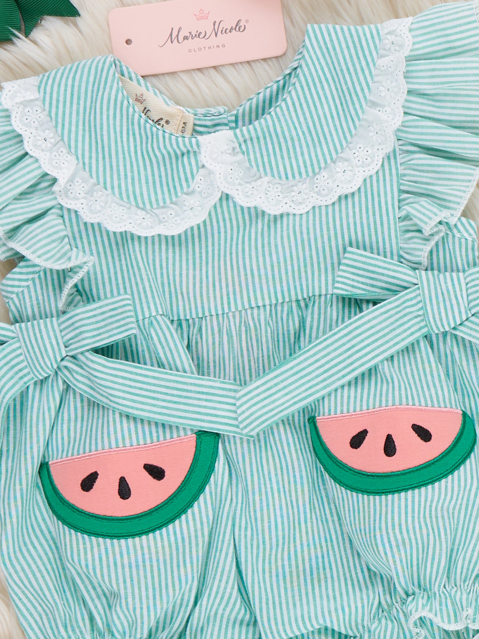 Watermelon Sweetie Ruffle Embroidered 100% Cotton Bubble Romper - Marie Nicole Clothing