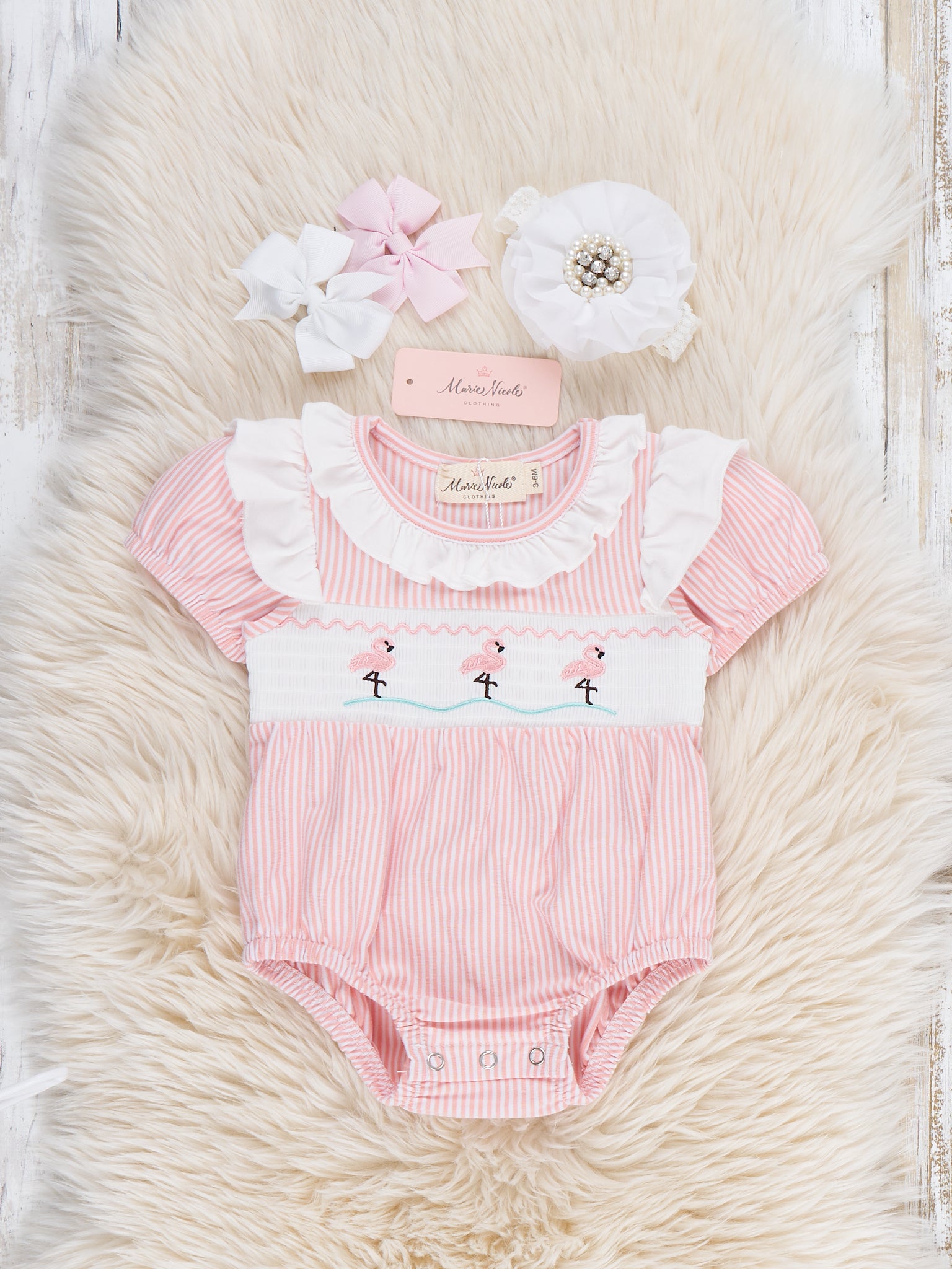 Flamingo Smocked Ruffle Bubble Romper - Marie Nicole Clothing