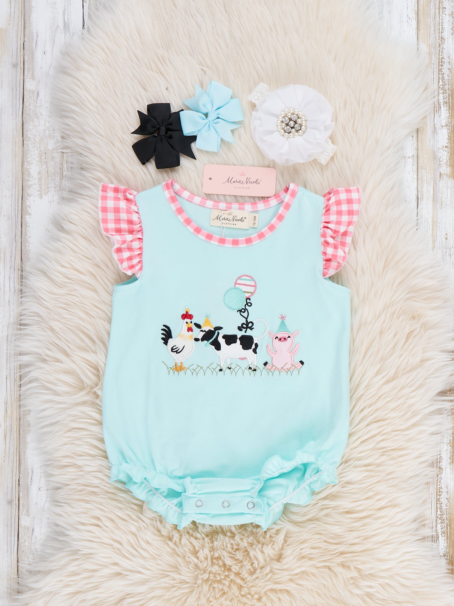 Barnyard Balloon Embroidered Ruffle Bubble Romper - Marie Nicole Clothing