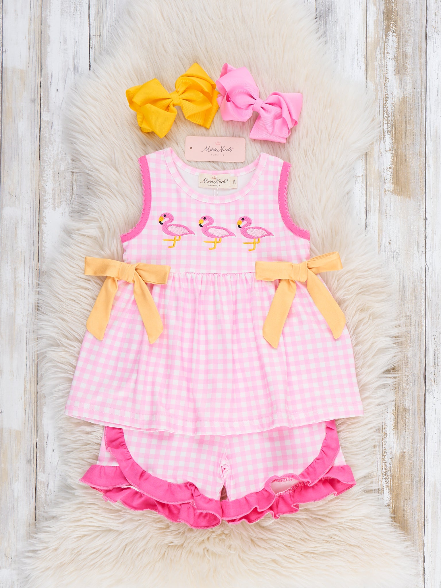 Sunny Flamingos Gingham Embroidered Ruffle Outfit - Marie Nicole Clothing