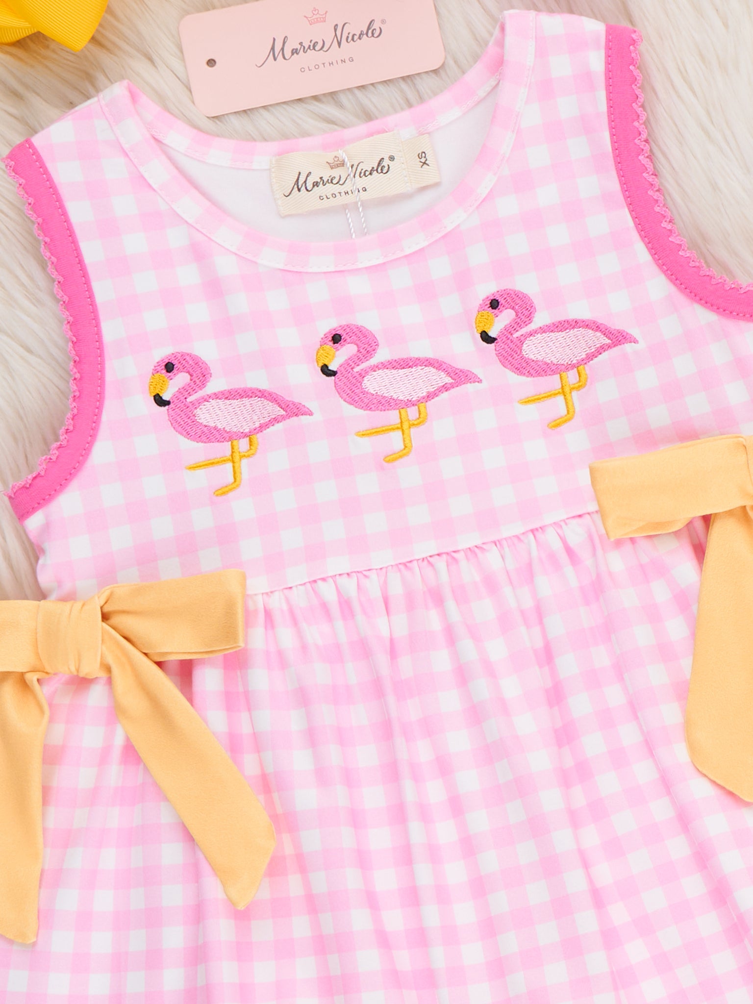 Sunny Flamingos Gingham Embroidered Ruffle Outfit - Marie Nicole Clothing