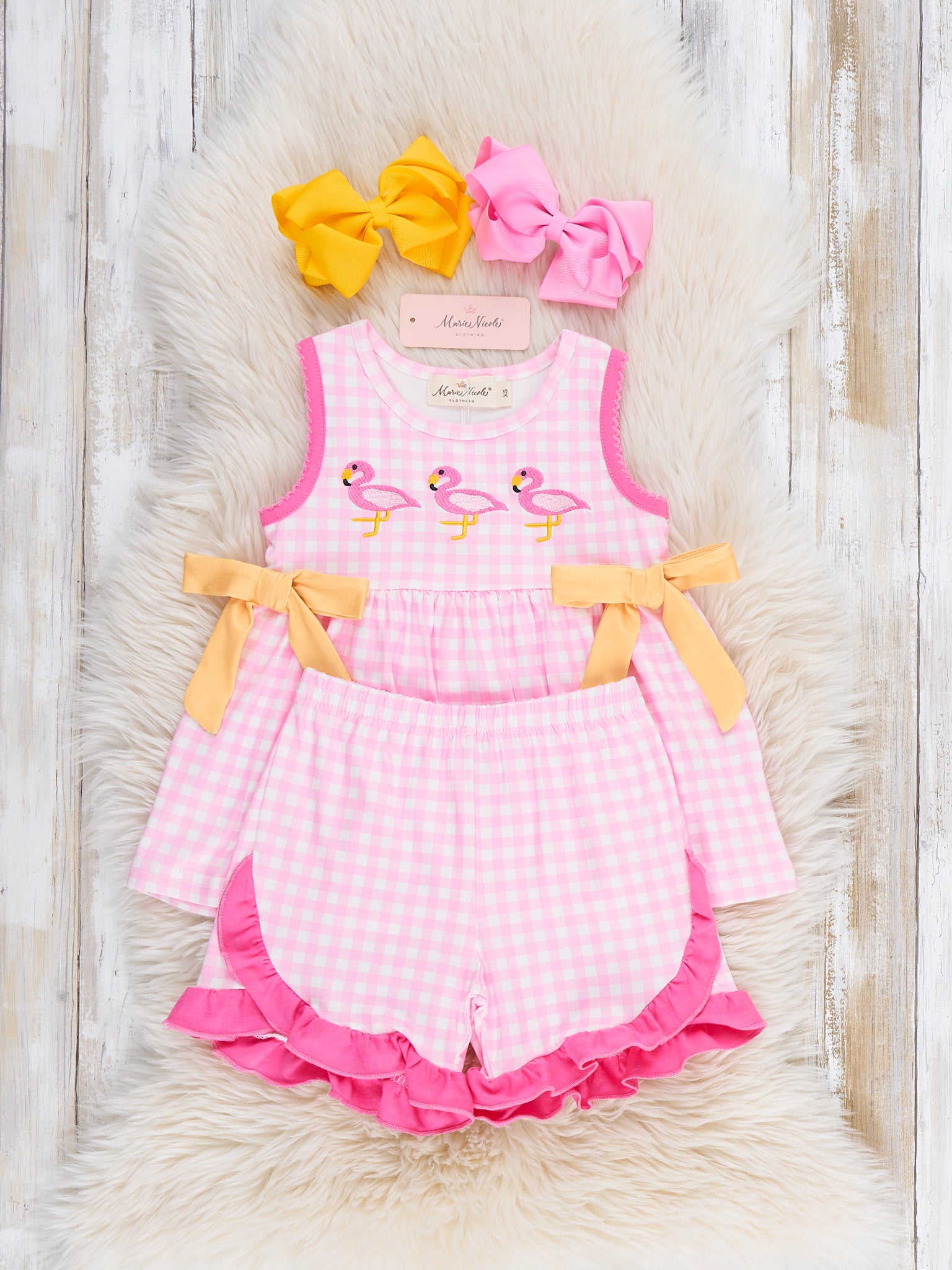 Sunny Flamingos Gingham Embroidered Ruffle Outfit - Marie Nicole Clothing
