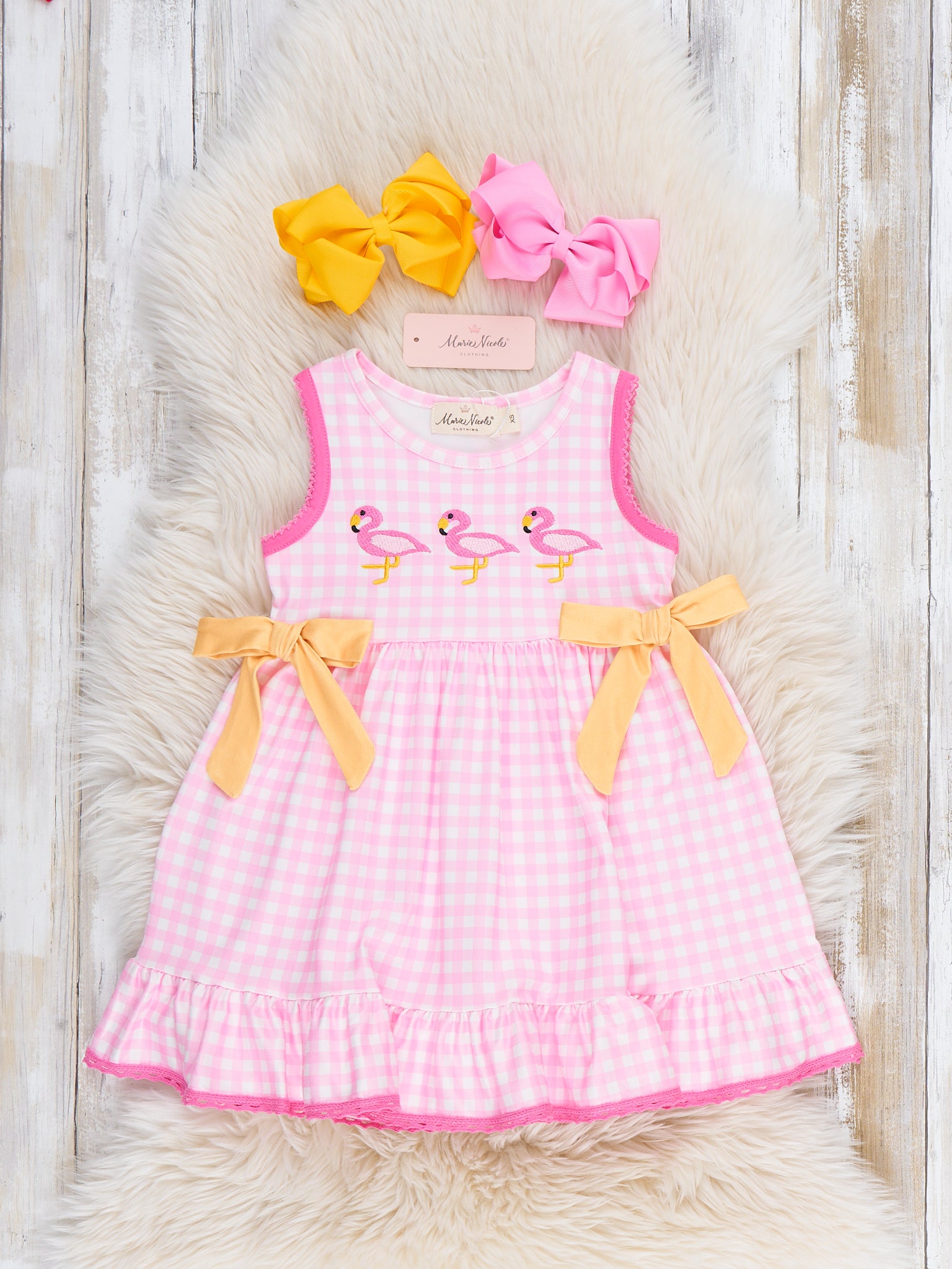 Sunny Flamingos Gingham Embroidered Ruffle Dress - Marie Nicole Clothing