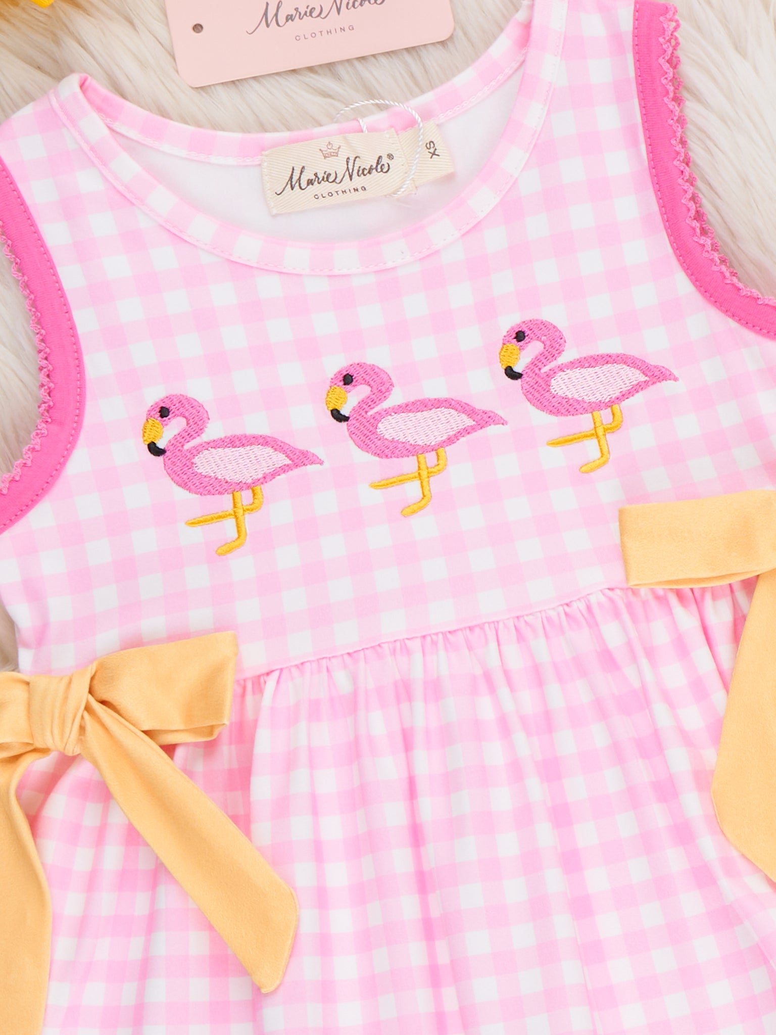 Sunny Flamingos Gingham Embroidered Ruffle Dress - Marie Nicole Clothing