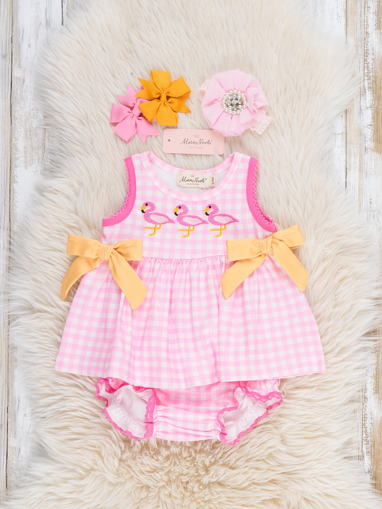 Sunny Flamingos Gingham Embroidered Bloomers Outfit - Marie Nicole Clothing