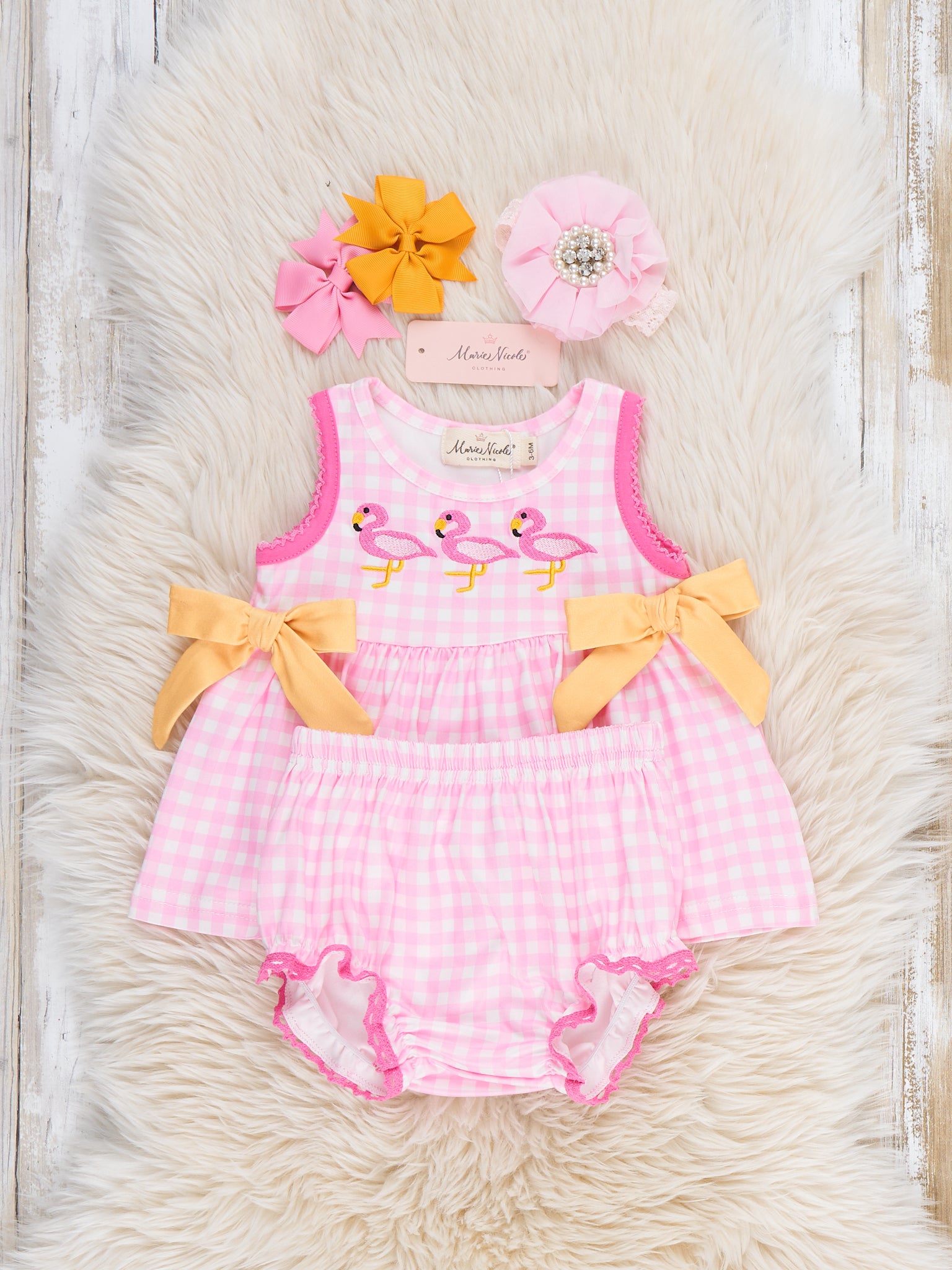 Sunny Flamingos Gingham Embroidered Bloomers Outfit - Marie Nicole Clothing
