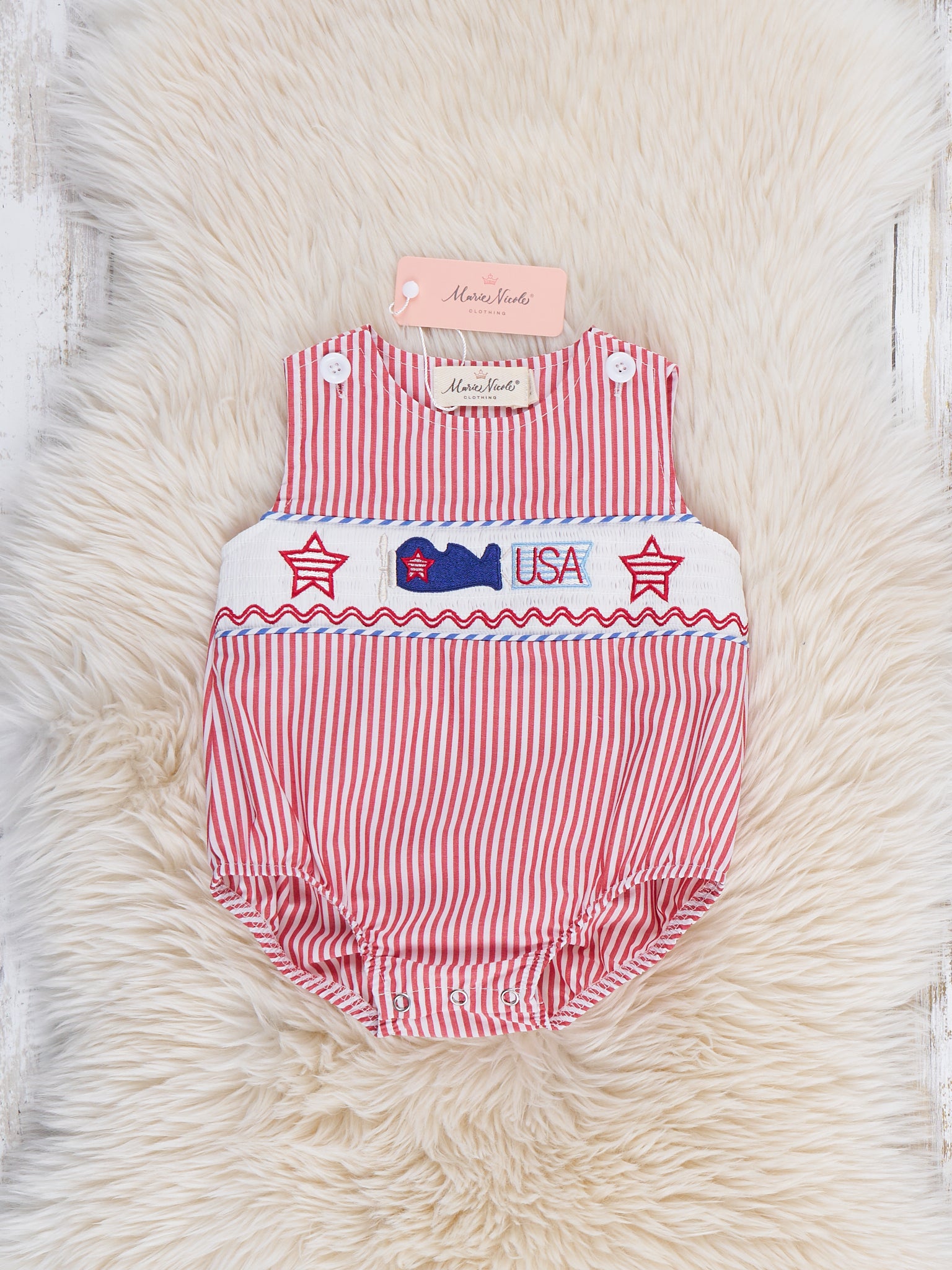 Freedom Flight Smocked Striped 100% Cotton Romper - Marie Nicole
