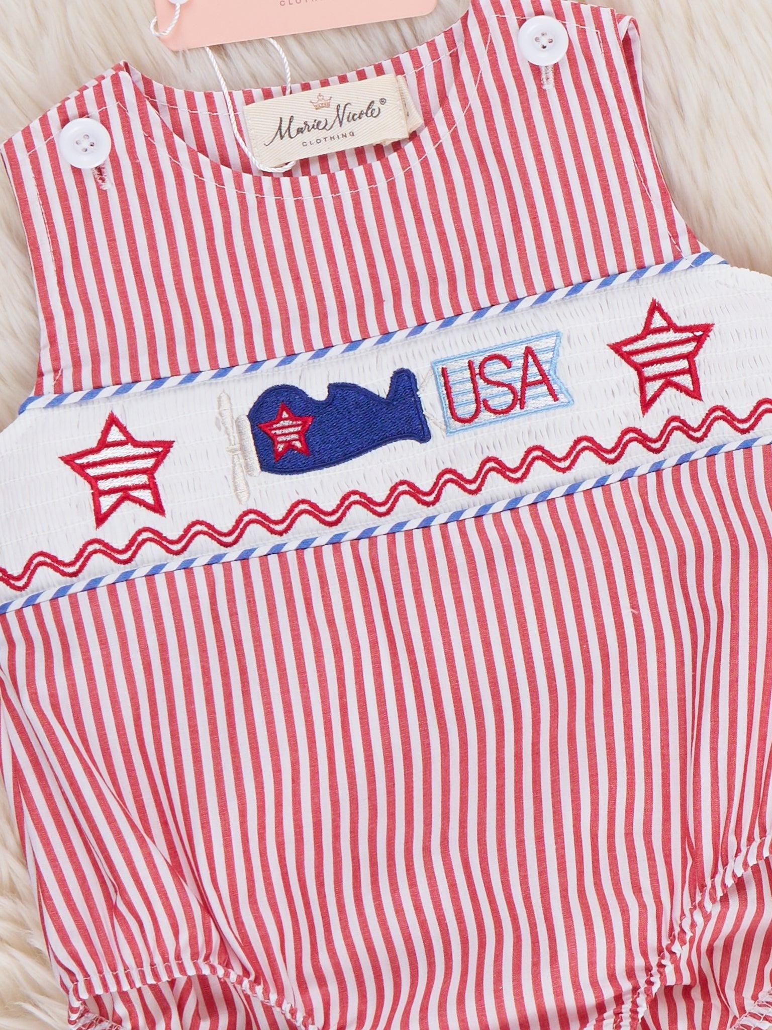 Freedom Flight Smocked Striped 100% Cotton Romper - Marie Nicole