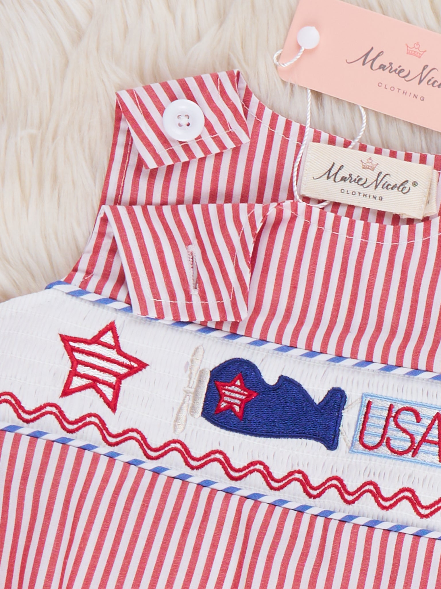 Freedom Flight Smocked Striped 100% Cotton Romper - Marie Nicole