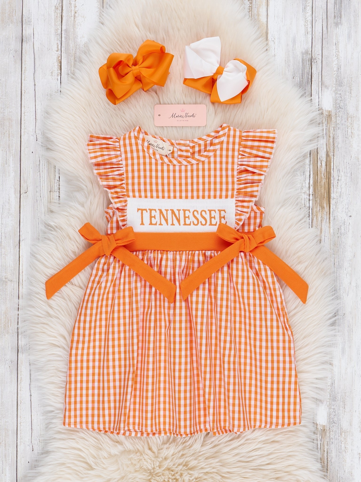 Infant Girl Collegiate Dress Tennessee Smocked Gingham Dress Marie Nicole XS(18/24mos) Infant Girl Collegiate Dress Tennessee Smocked Gingham Dress Marie Nicole XS(18/24mos)