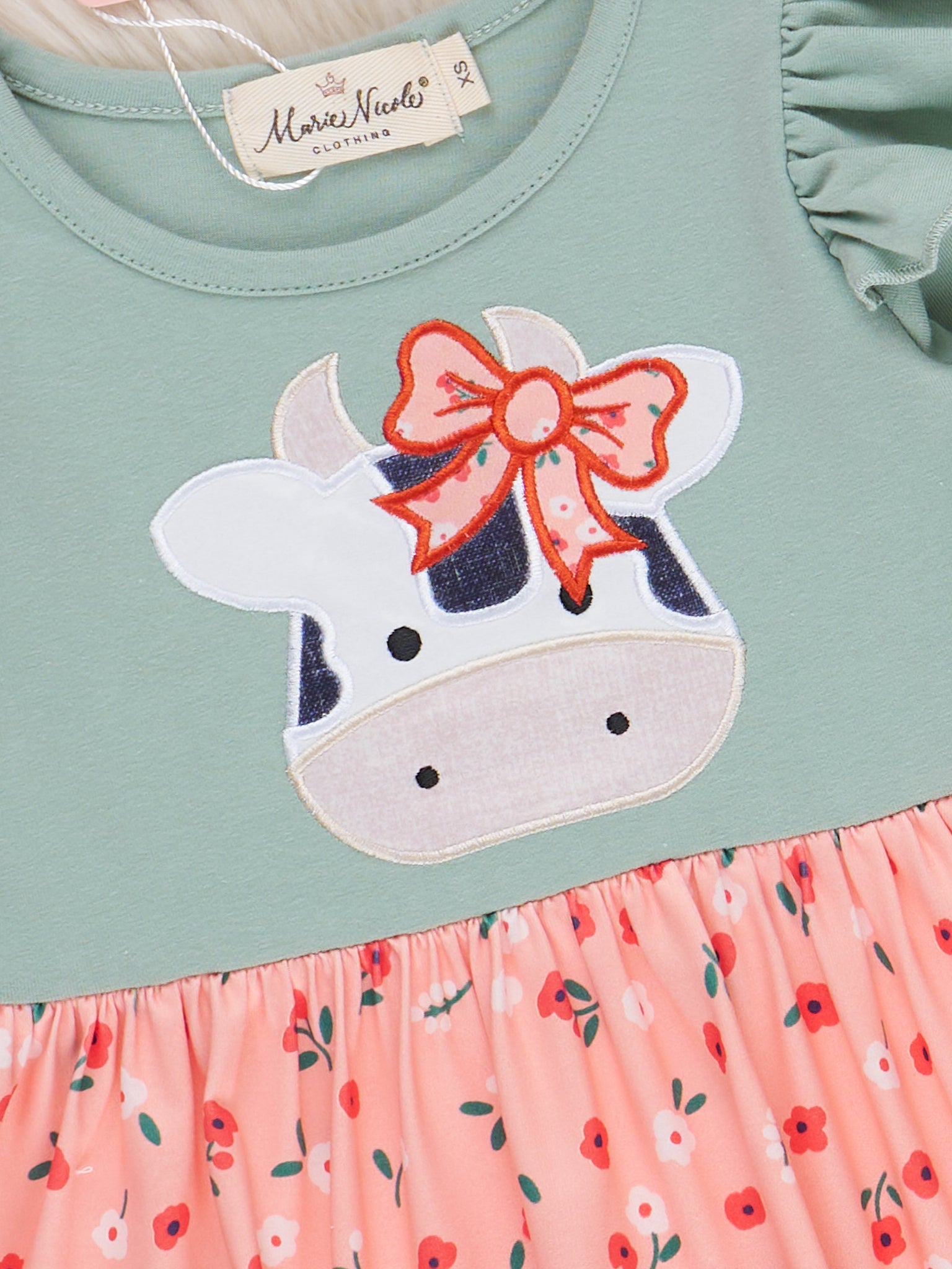 Mint & Coral Embroidered Cow Floral Ruffle Dress - Marie Nicole Clothing Mint & Coral Embroidered Cow Floral Ruffle Dress - Marie Nicole Clothing
