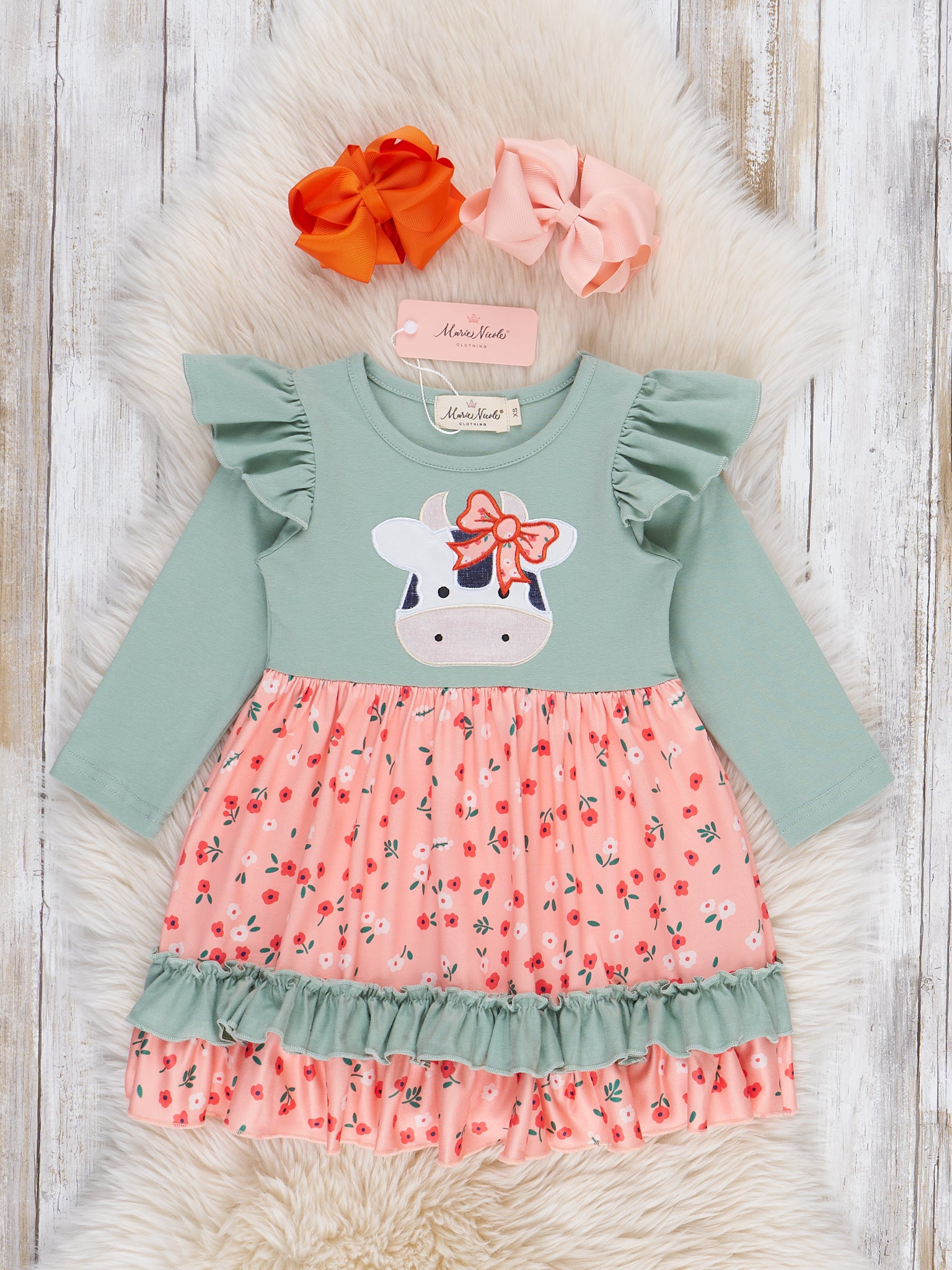 Mint & Coral Embroidered Cow Floral Ruffle Dress Mint & Coral Embroidered Cow Floral Ruffle Dress
