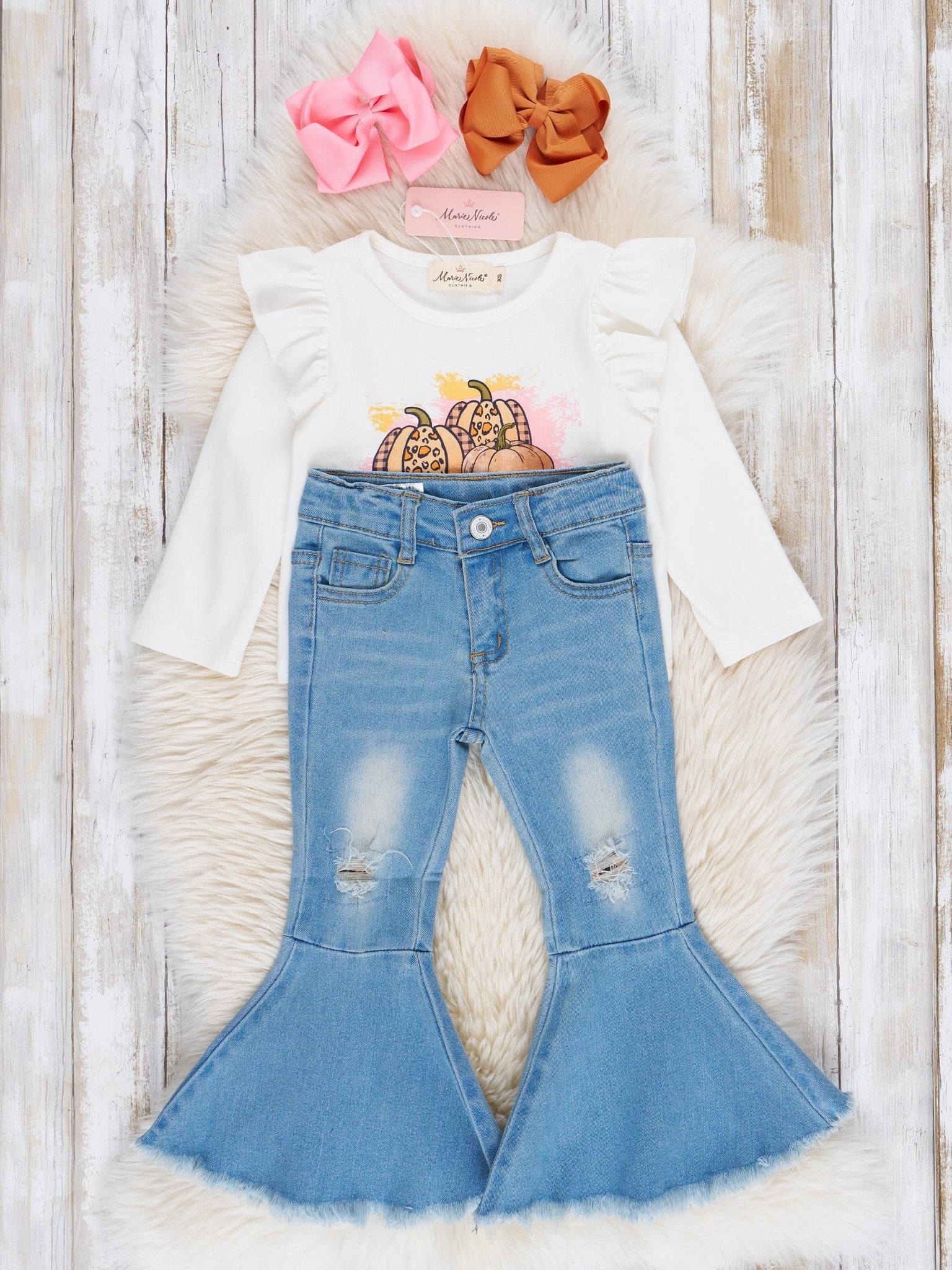 "Happy Fall Y'all" Denim Bell Bottoms Outfit - Marie Nicole Clothing