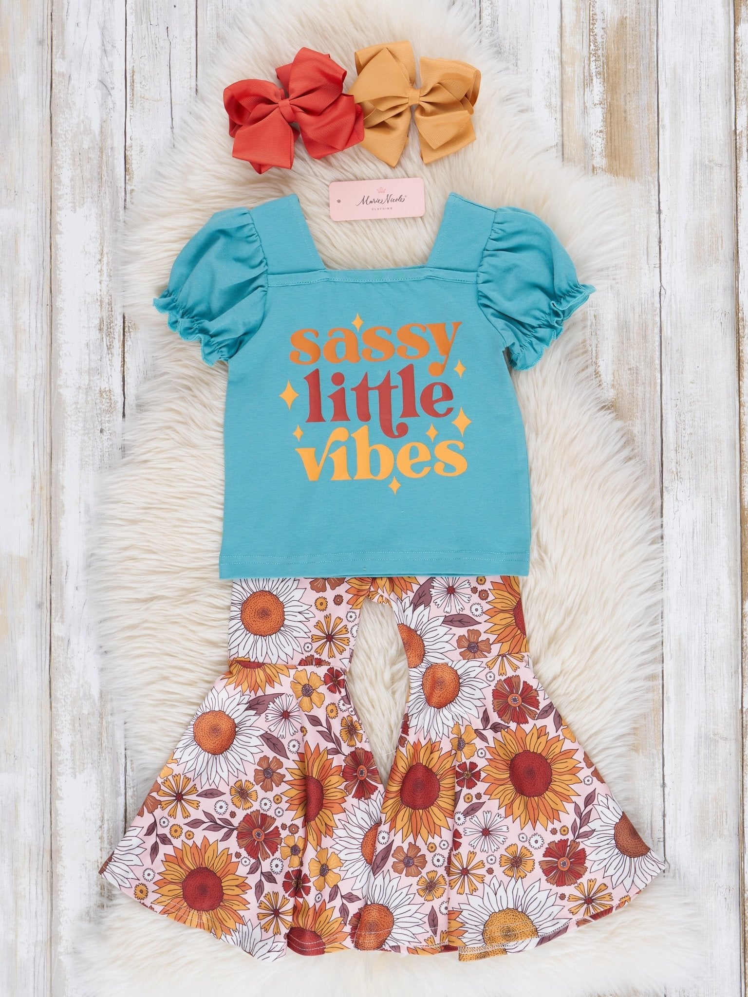 Turquoise & Brown Sassy Florals Bell Bottoms Outfit - Marie Nicole Clothing