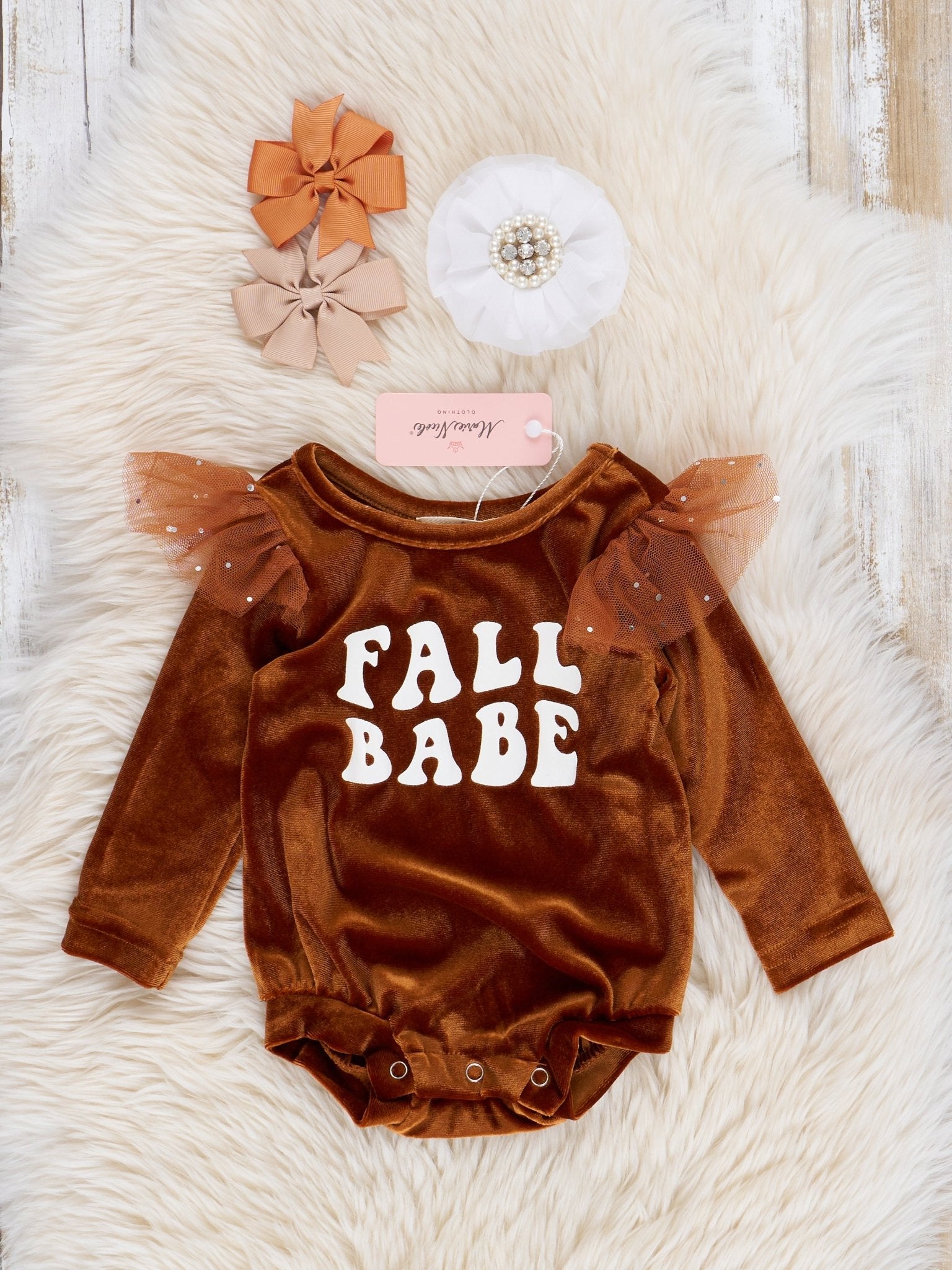 Bronze "Fall Babe" Velvet Bubble Romper - Marie Nicole Clothing
